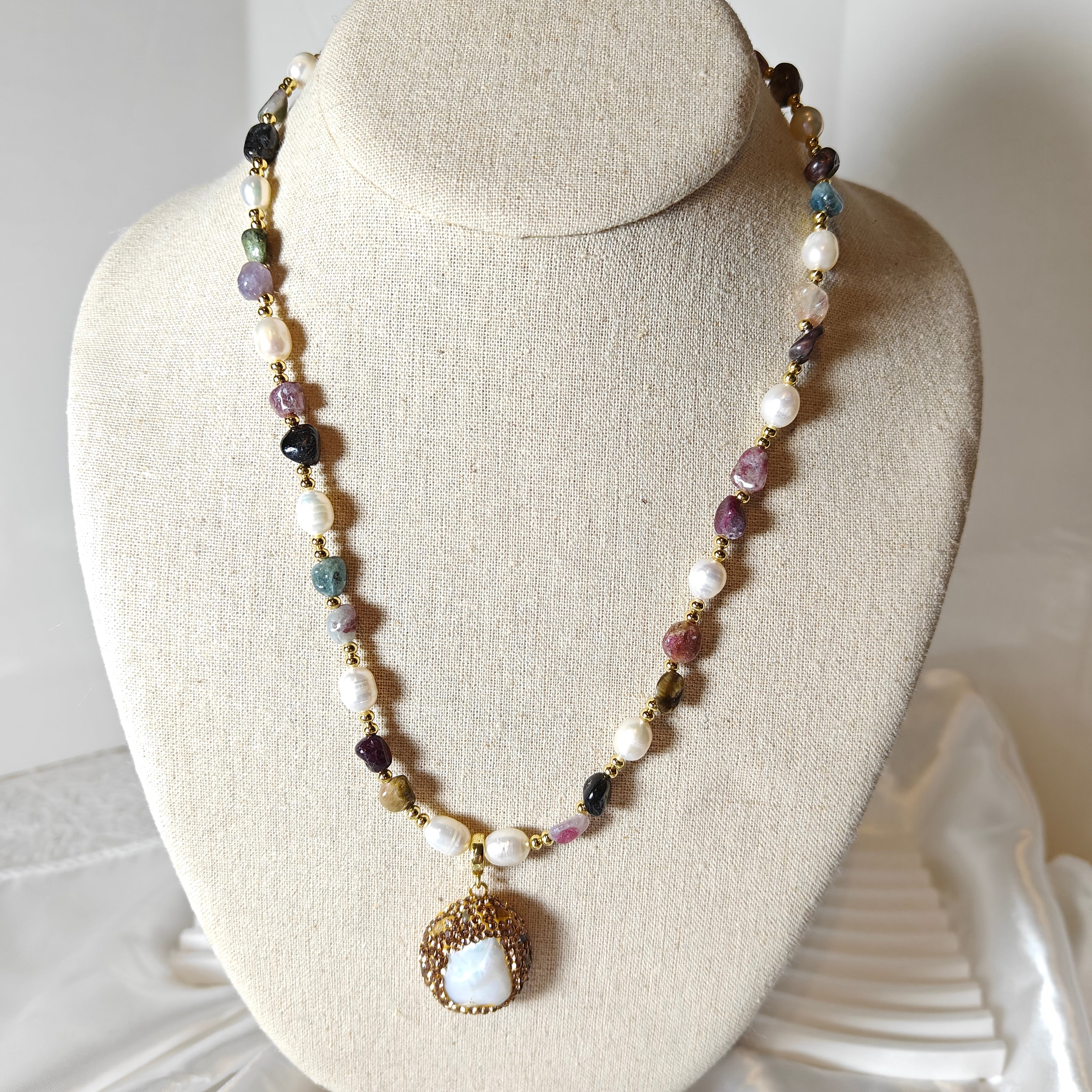 Fresh Water Pearl and Tourmaline Necklace