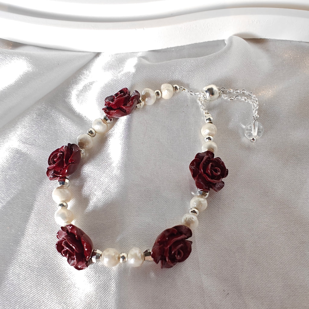 Adjustable Fresh Water Pearl and Cinnabar Rose Charm Bracelet