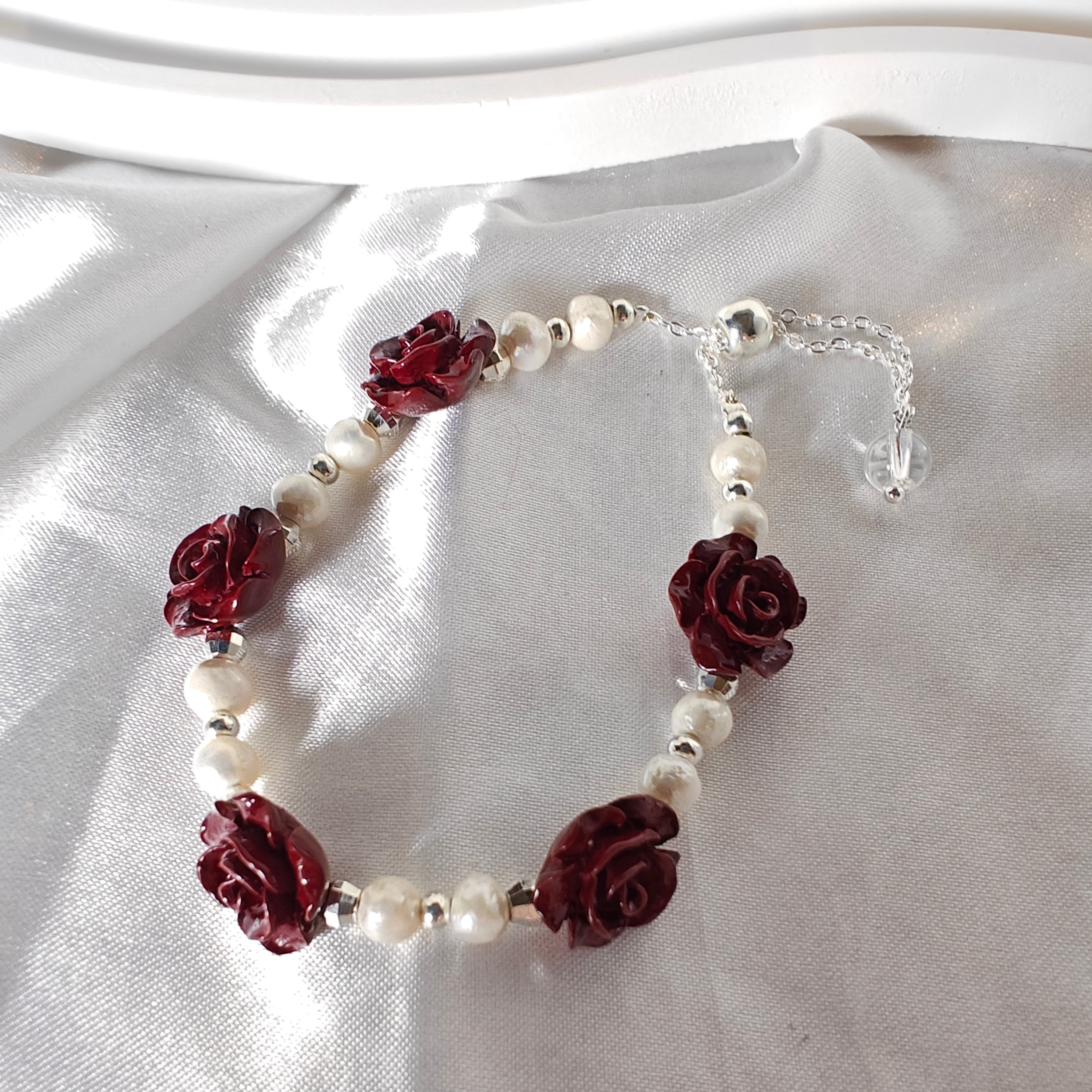 Adjustable Fresh Water Pearl and Cinnabar Rose Charm Bracelet
