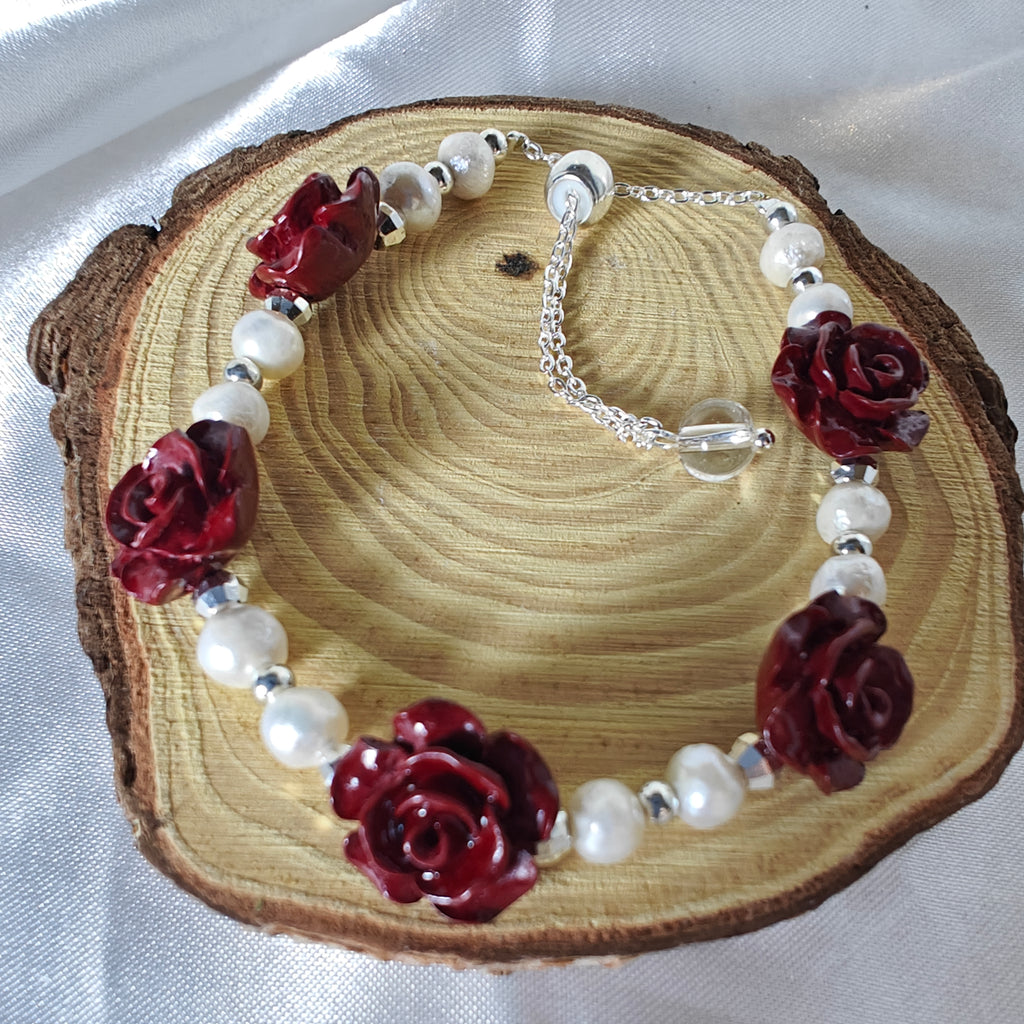 Adjustable Fresh Water Pearl and Cinnabar Rose Charm Bracelet
