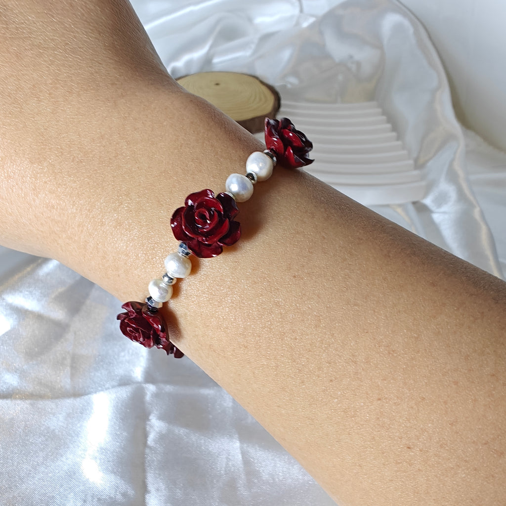 Adjustable Fresh Water Pearl and Cinnabar Rose Charm Bracelet
