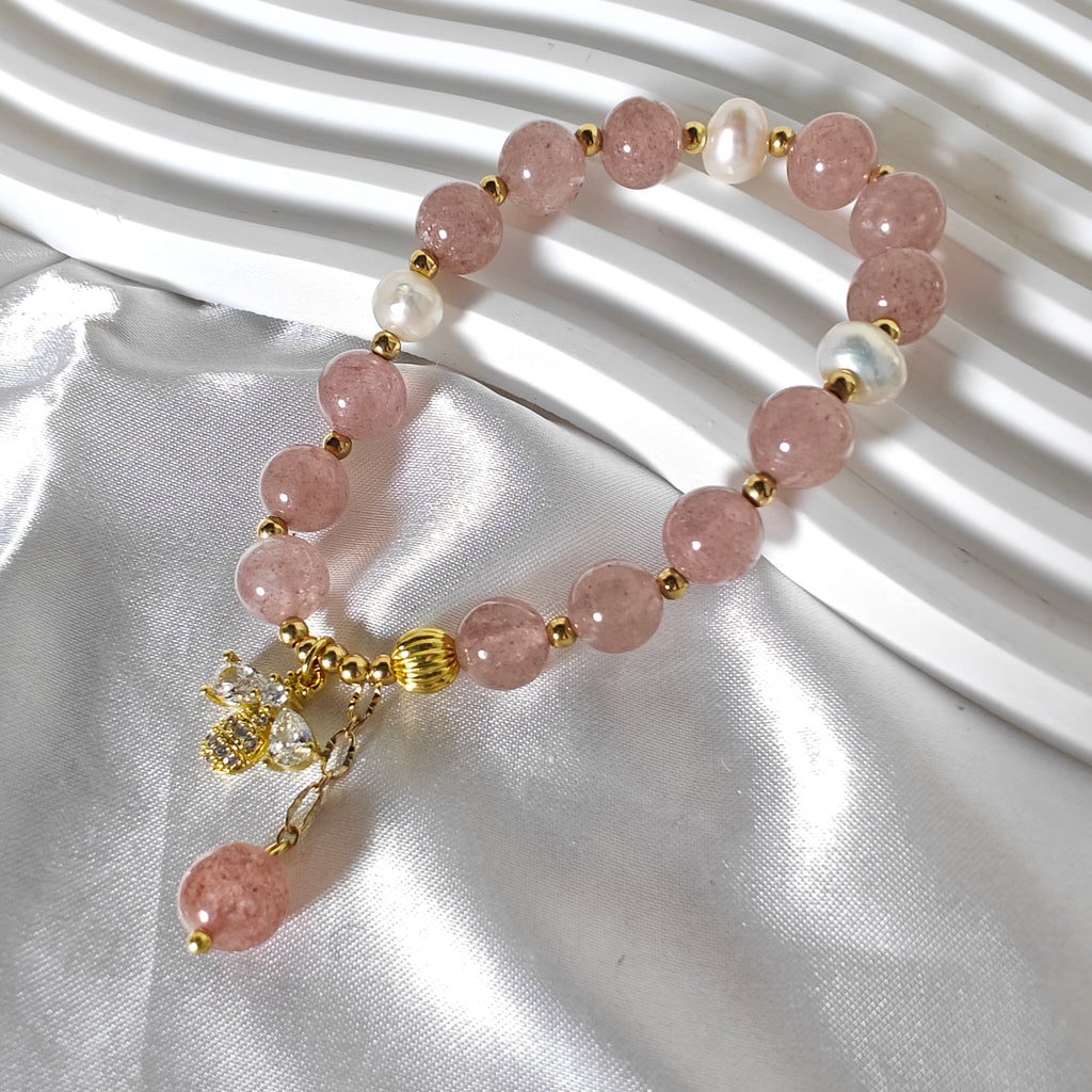 Stretchy Strawberry Quartz and Fresh Water Pearl Bracelet with Bee Charm
