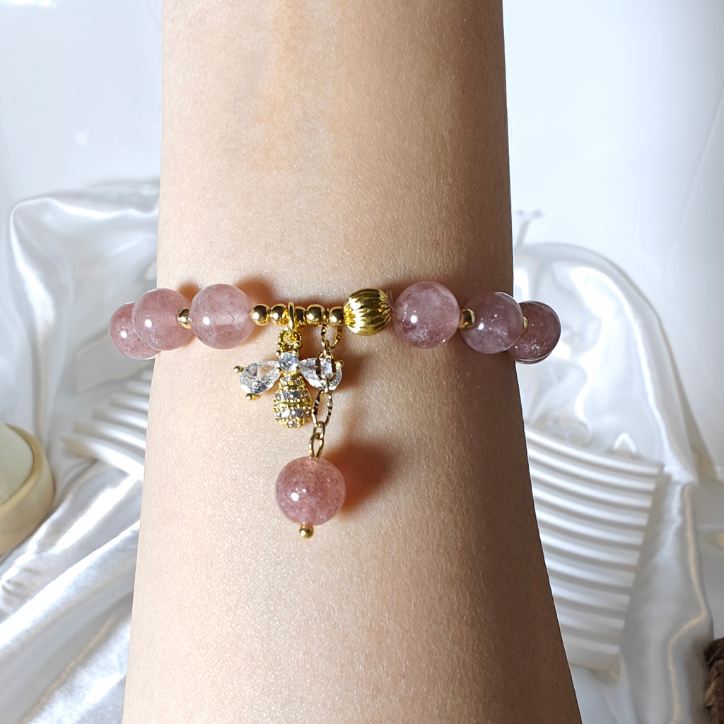 Stretchy Strawberry Quartz and Fresh Water Pearl Bracelet with Bee Charm