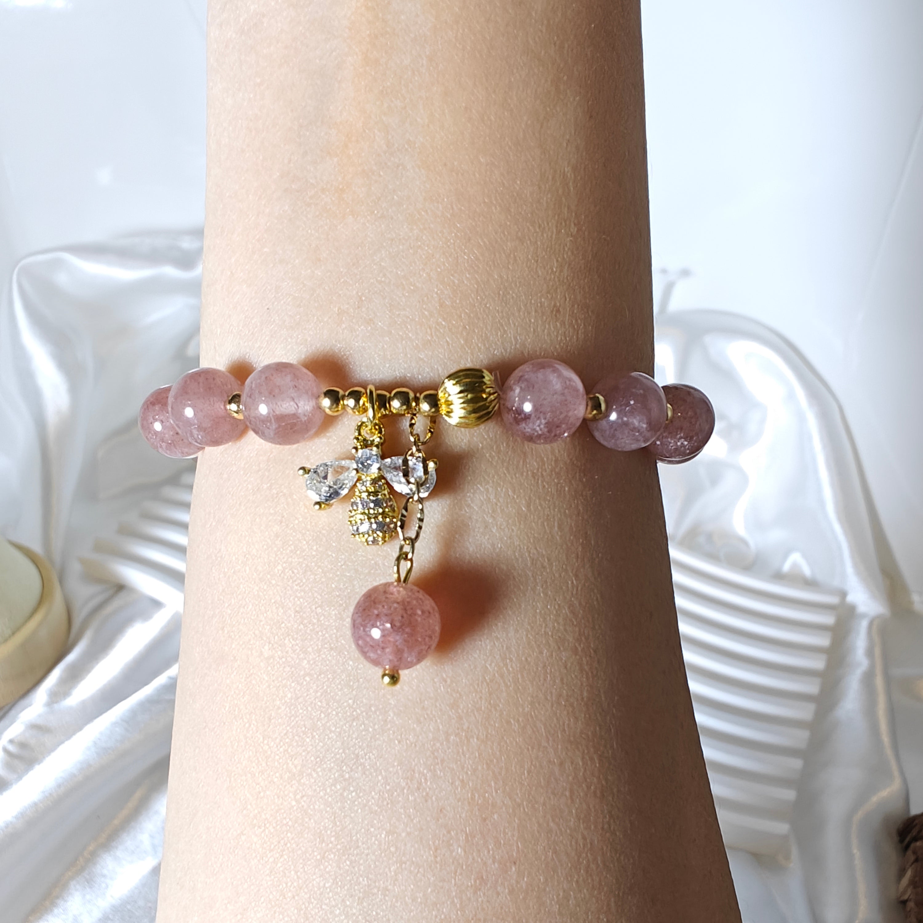 Stretchy Strawberry Quartz and Fresh Water Pearl Bracelet with Bee Charm
