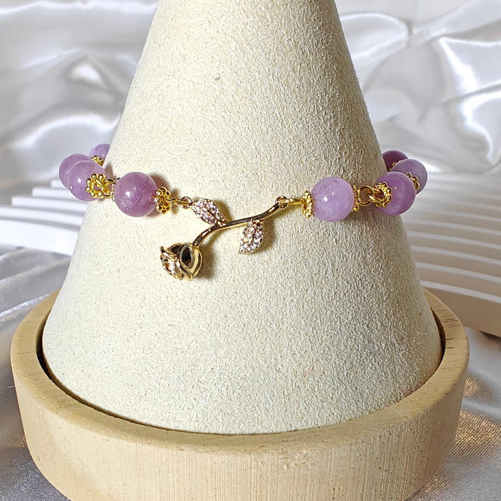 Amethyst Beaded Bracelet with Rose Charm