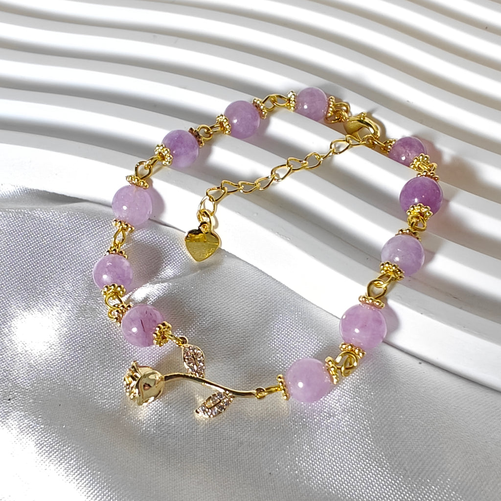 Amethyst Beaded Bracelet with Rose Charm