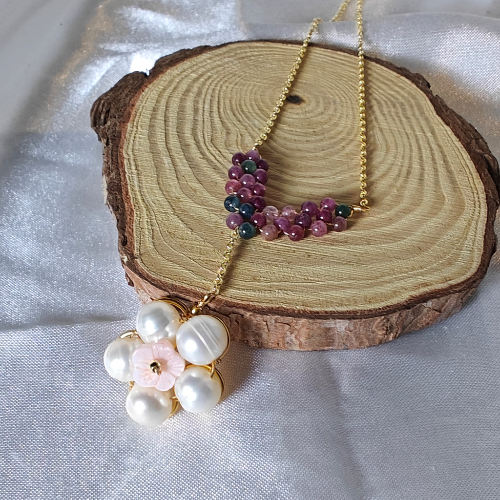 Tourmaline & Freshwater Pearl Flower Necklace