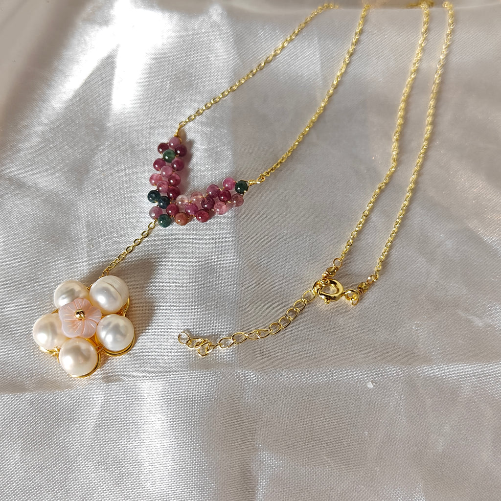 Tourmaline & Freshwater Pearl Flower Necklace