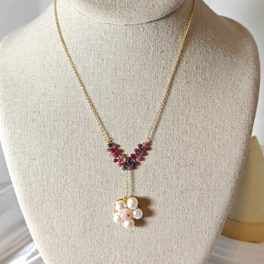 Tourmaline & Freshwater Pearl Flower Necklace