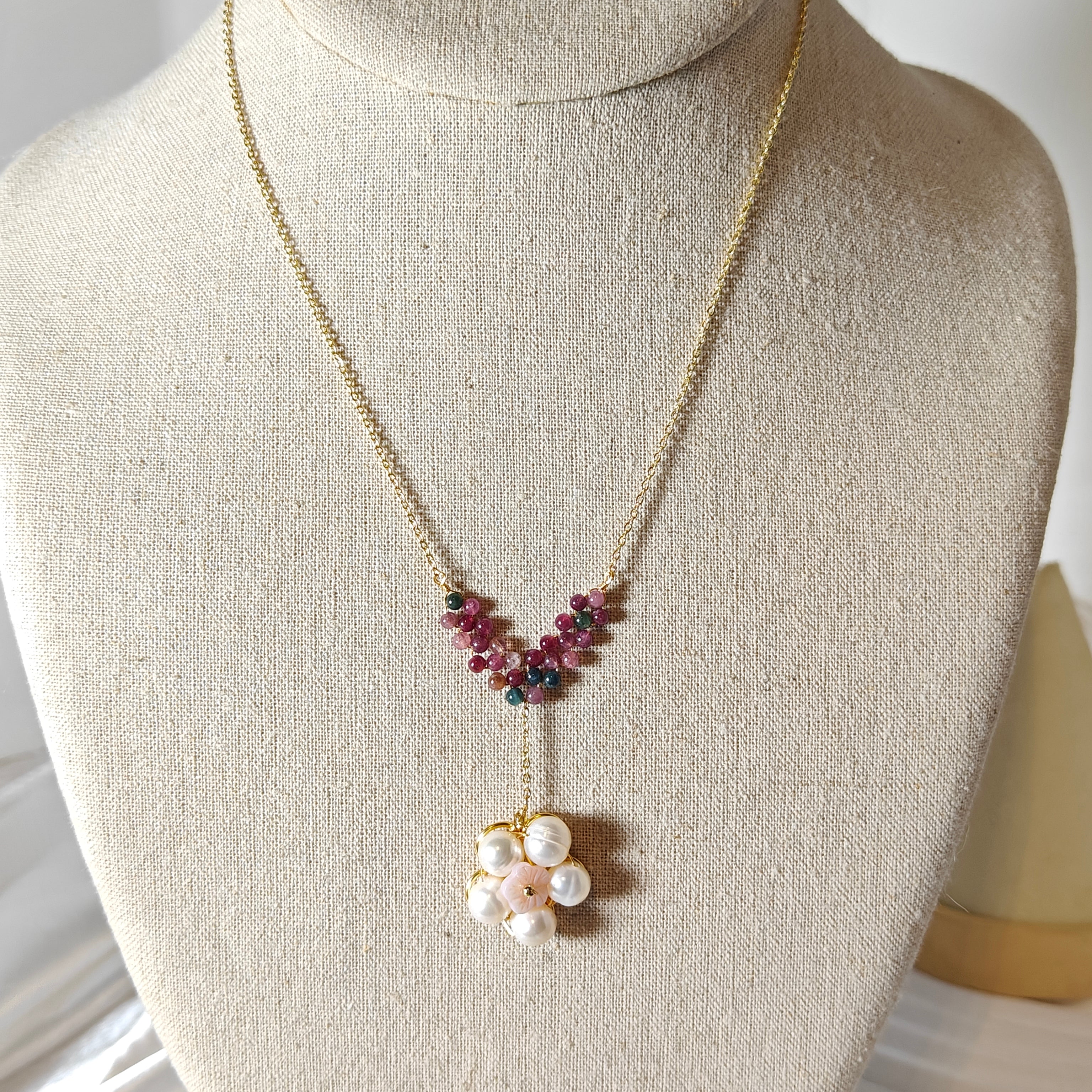 Tourmaline & Freshwater Pearl Flower Necklace