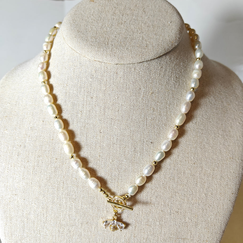 Freshwater Pearl Necklace with 14K Gold Plated Bee Pendant