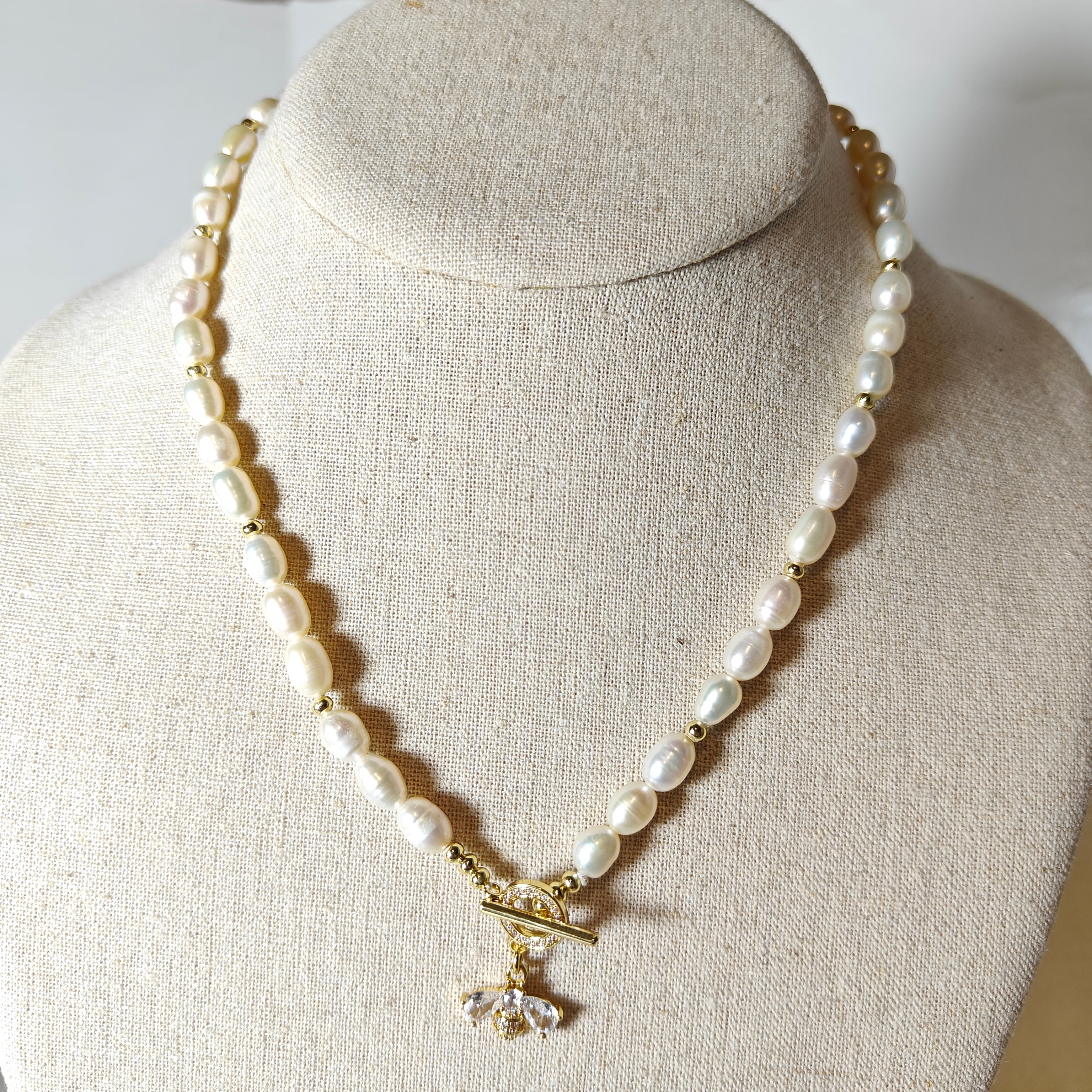 Freshwater Pearl Necklace with 14K Gold Plated Bee Pendant