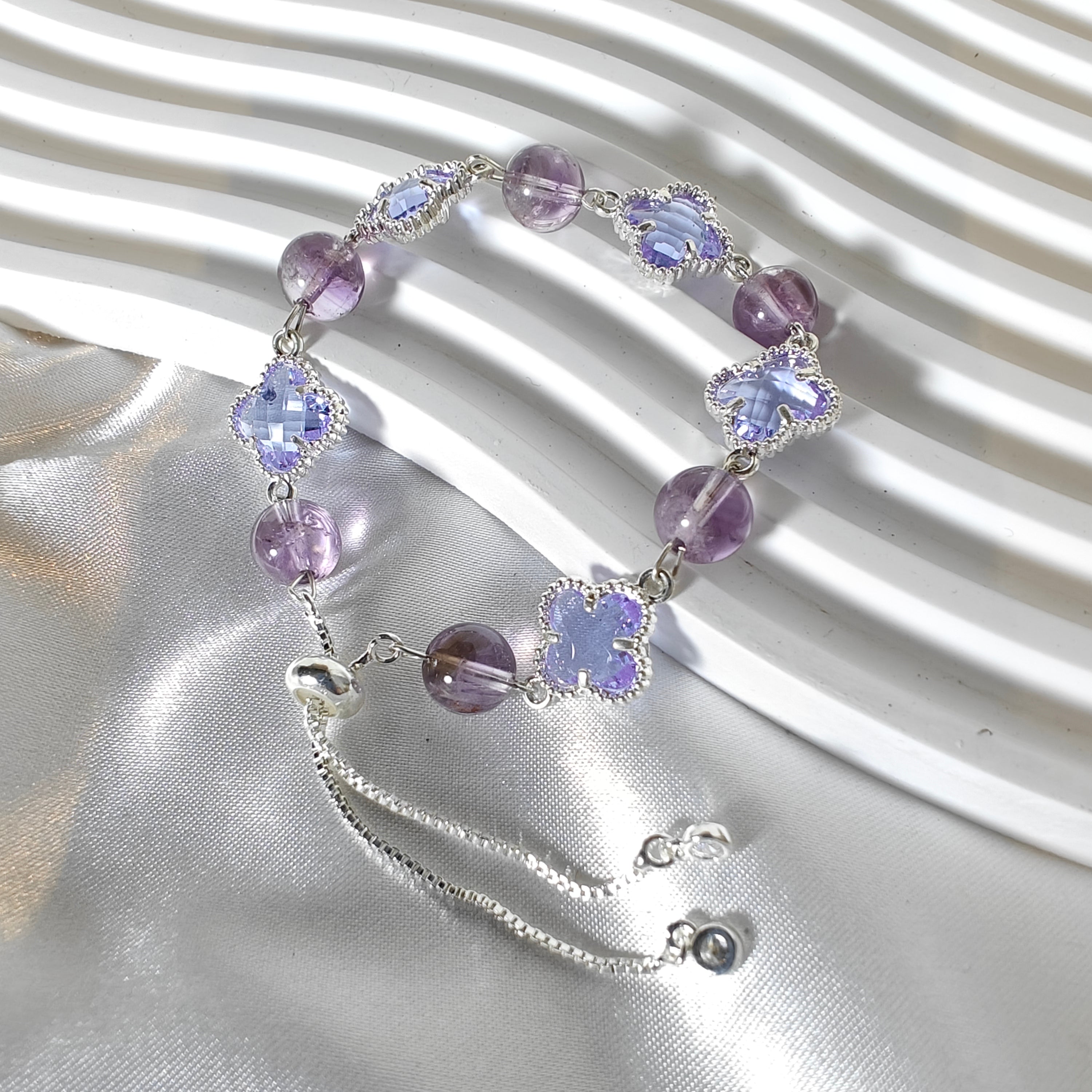 Amethyst Bracelet with Four-Leaf Clover Charms – Adjustable Slider