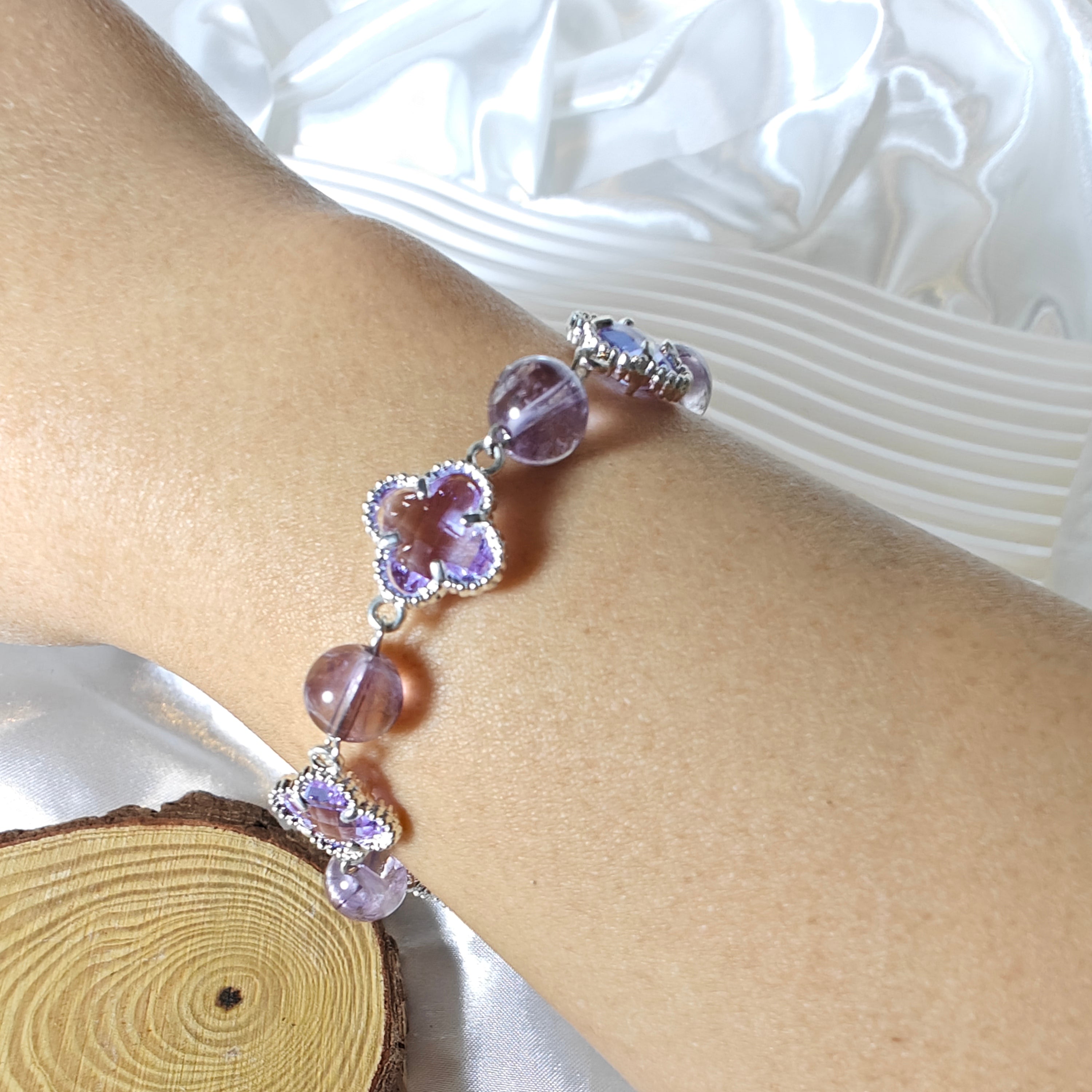 Amethyst Bracelet with Four-Leaf Clover Charms – Adjustable Slider