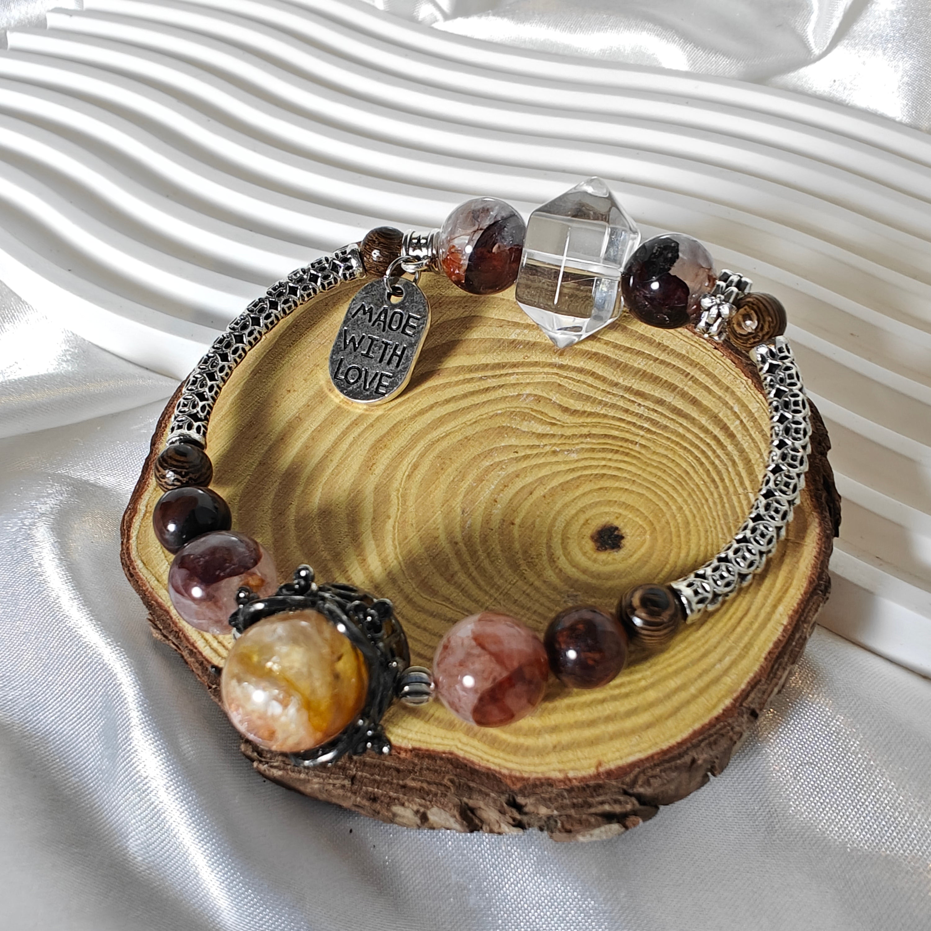 Fire Quartz & Sandalwood Stretchy Half-Bangle Bracelet