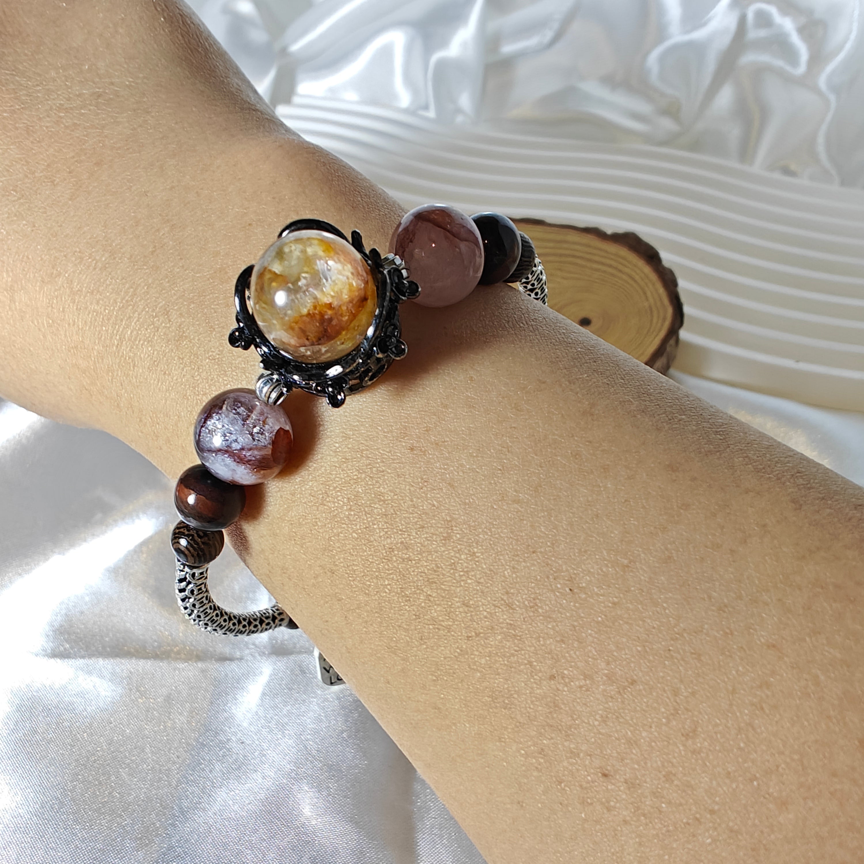 Fire Quartz & Sandalwood Stretchy Half-Bangle Bracelet