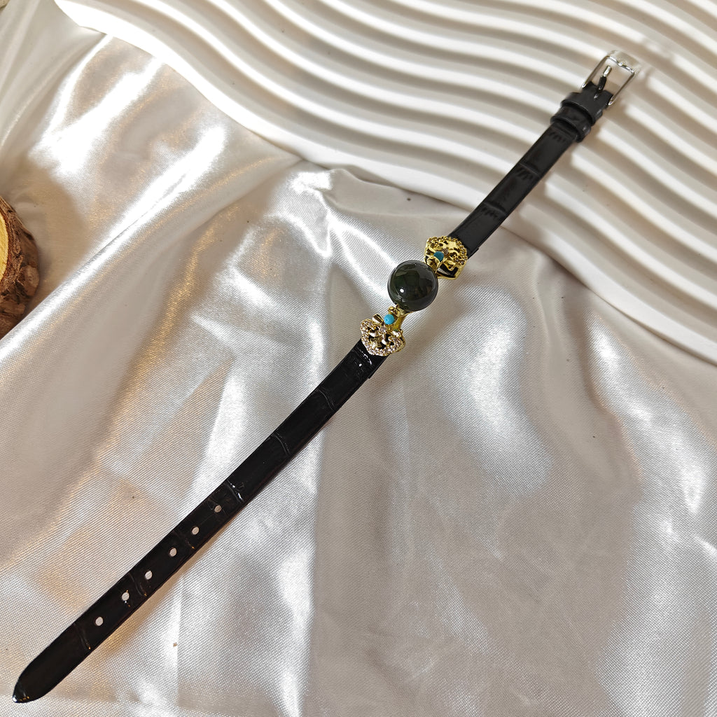 Black Leather Adjustable Bracelet with Dark Green 12mm Bead — Unisex, Modern & Stylish