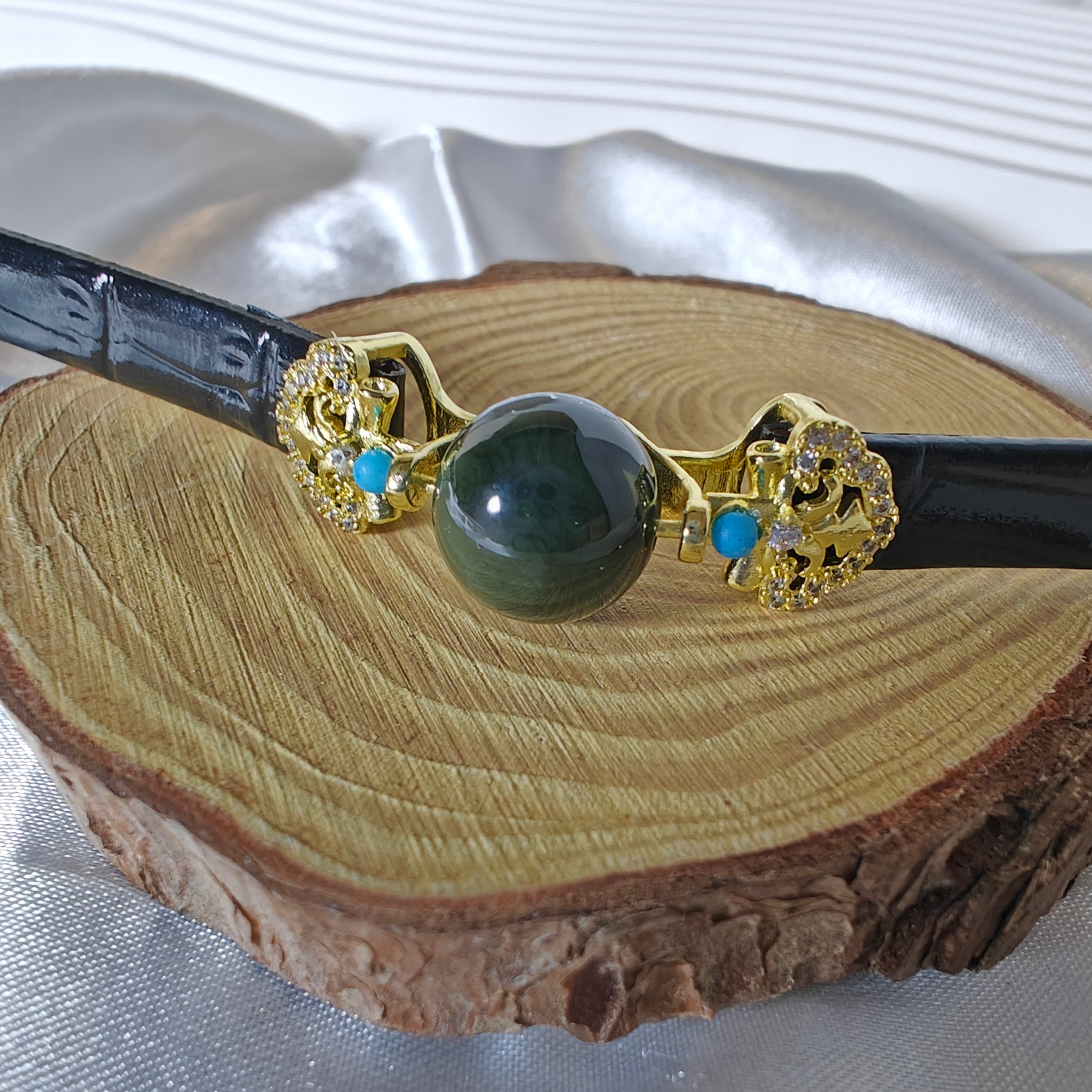 Black Leather Adjustable Bracelet with Dark Green 12mm Bead — Unisex, Modern & Stylish