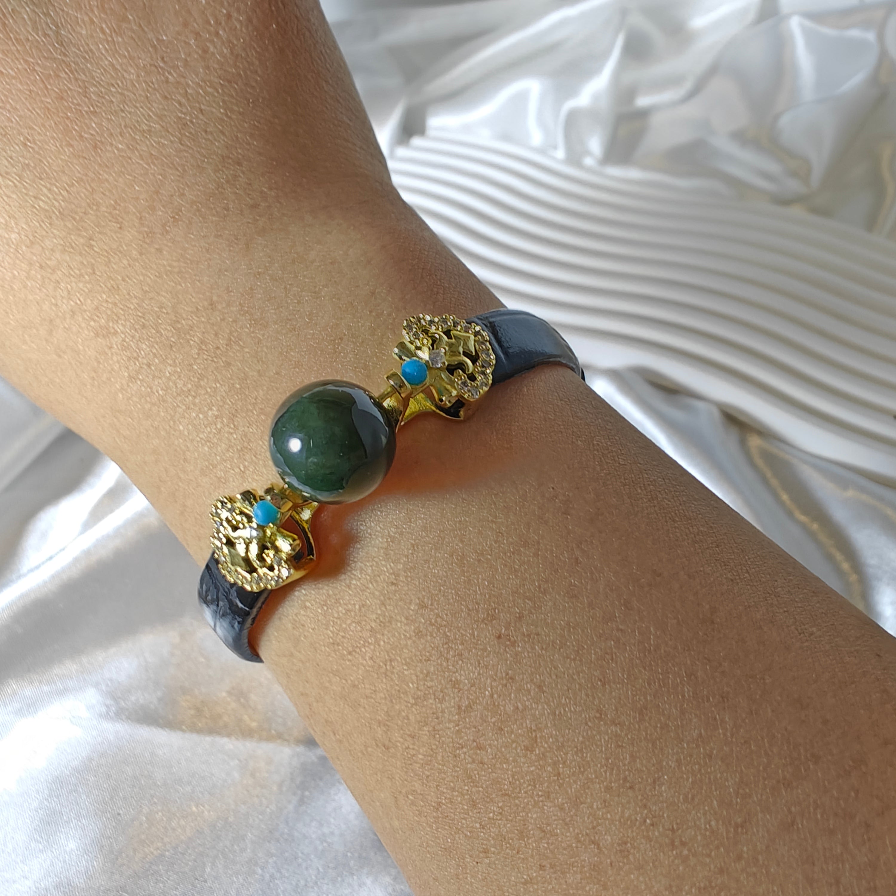 Black Leather Adjustable Bracelet with Dark Green 12mm Bead — Unisex, Modern & Stylish