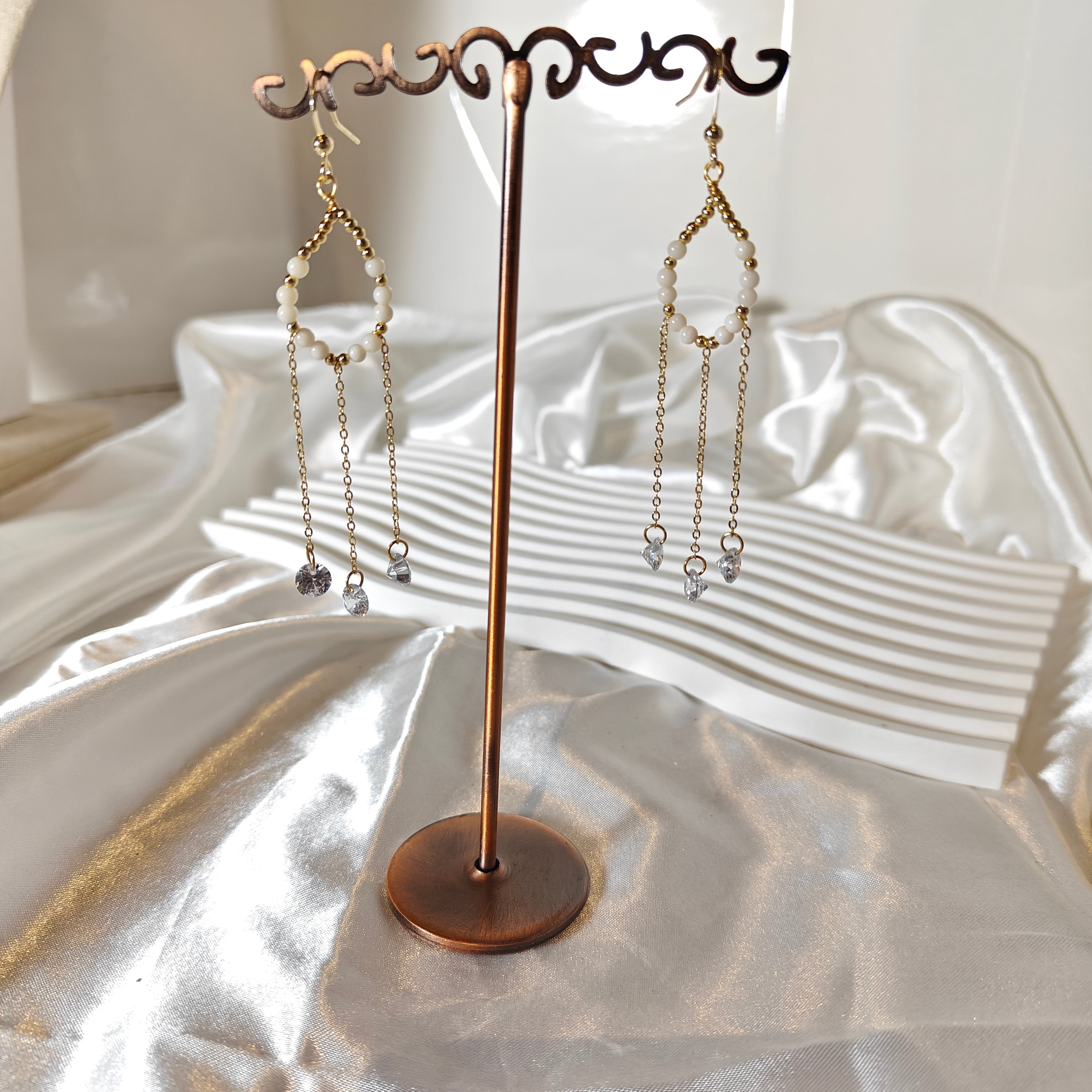 Sparkling Crystal Dangle Earrings — S925 Sterling Silver Post, Pinctada Albina Beads (8.5 cm / 3.35 in)