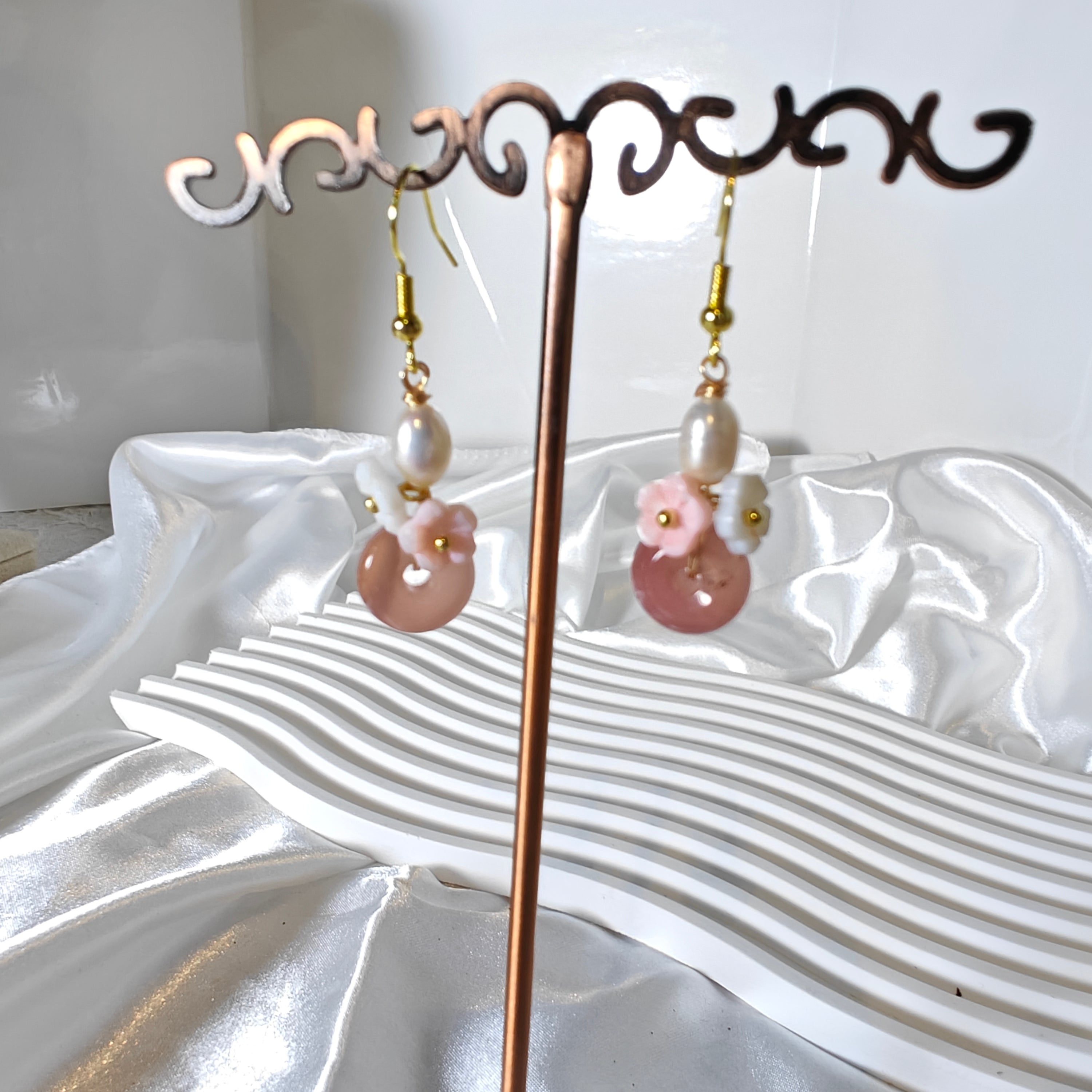 Freshwater Pearl, Shell Flower & Agate Donut Earrings — Hypoallergenic S925 Sterling Silver Hook
