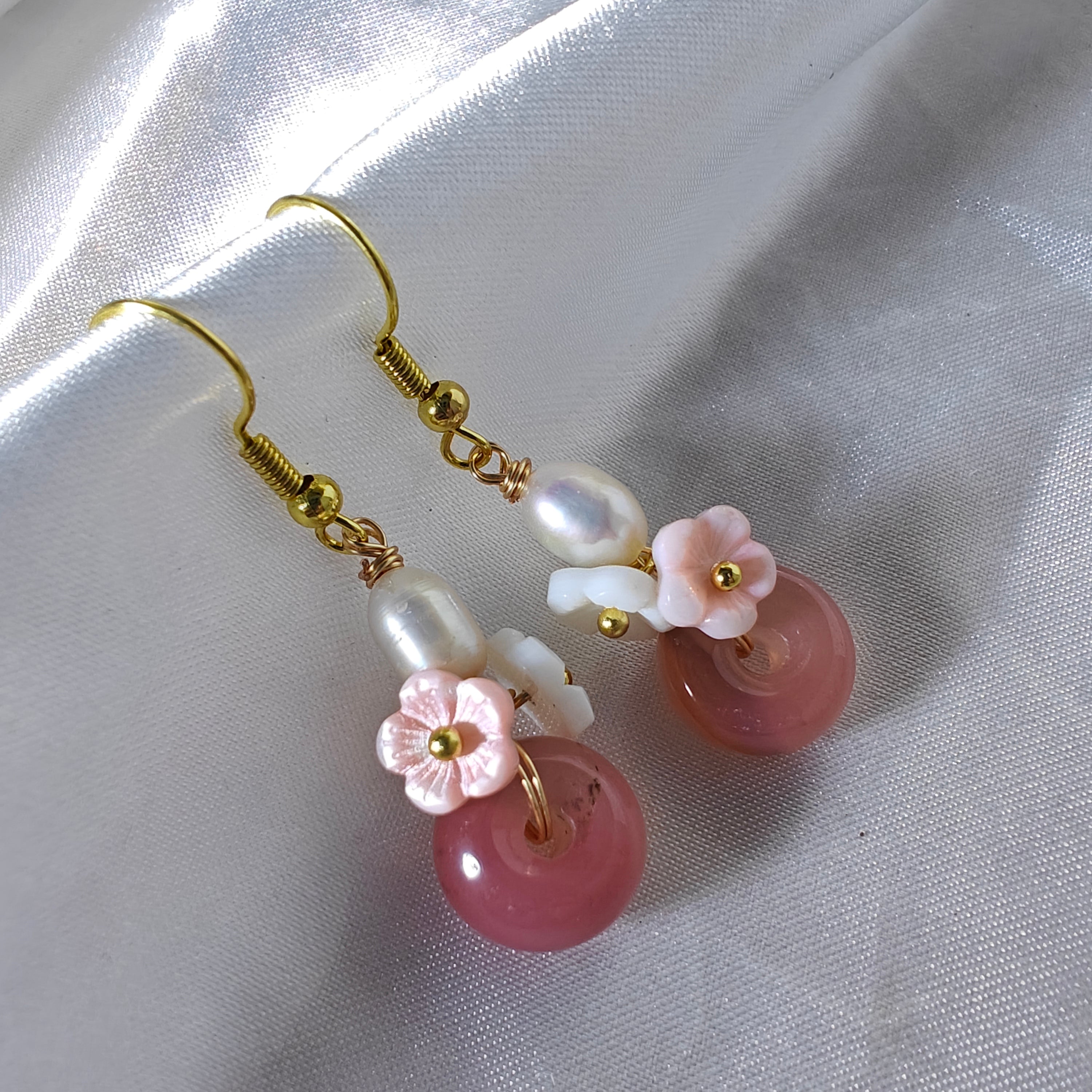 Freshwater Pearl, Shell Flower & Agate Donut Earrings — Hypoallergenic S925 Sterling Silver Hook