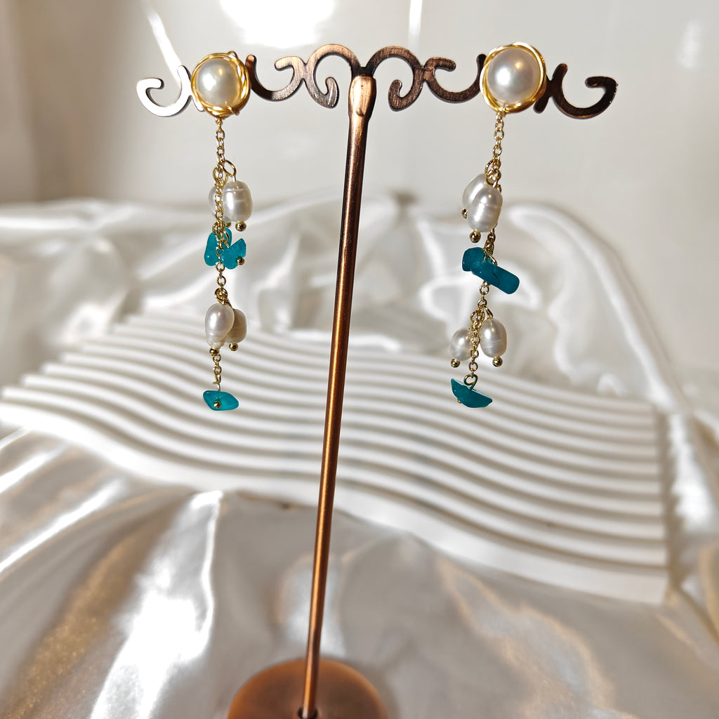 Freshwater Pearl & Amazonite Dangle Earrings — S925 Sterling Silver Post