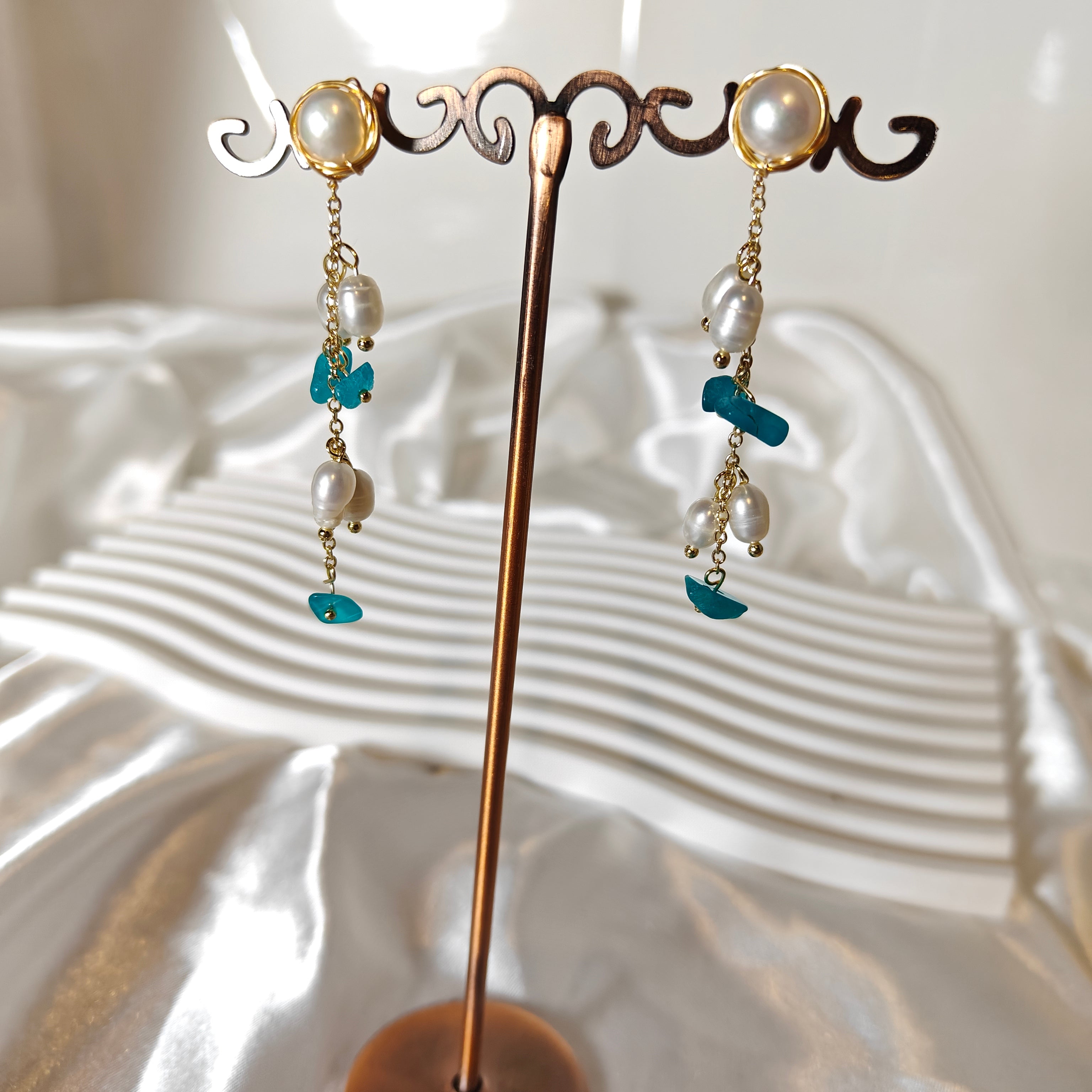 Freshwater Pearl & Amazonite Dangle Earrings — S925 Sterling Silver Post