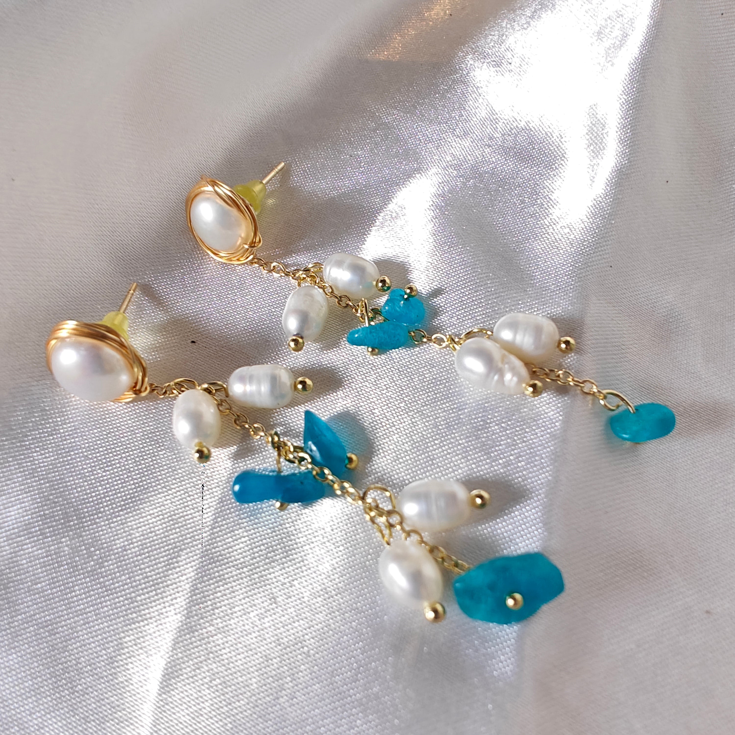 Freshwater Pearl & Amazonite Dangle Earrings — S925 Sterling Silver Post