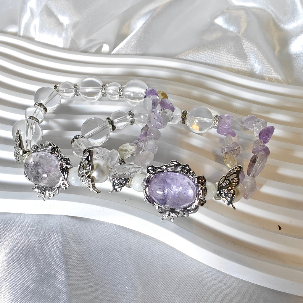 Amethyst & Clear Quartz Stretchy Bracelet – Layered Crystal Chip Design (16cm / 6.3 inches)