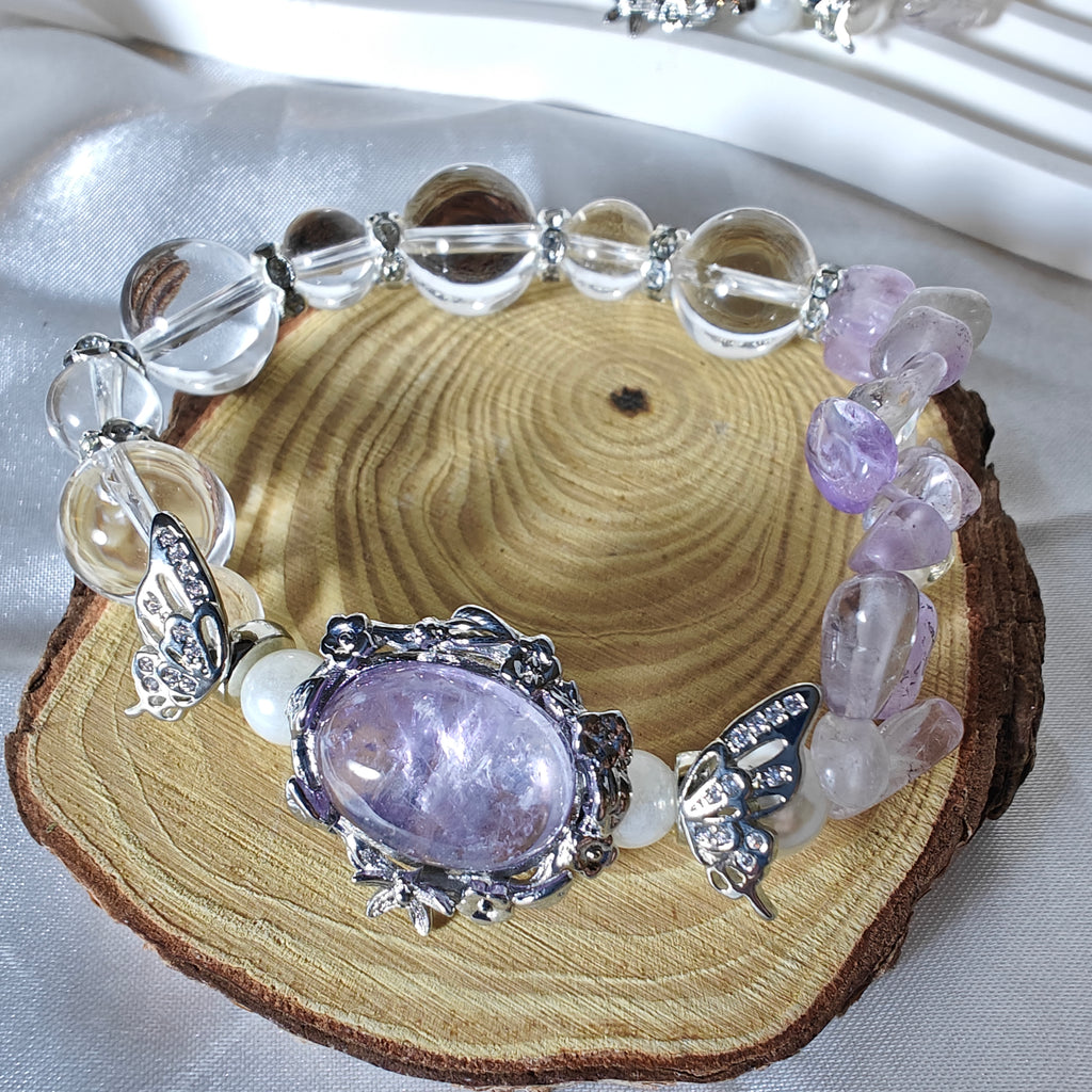 Amethyst & Clear Quartz Stretchy Bracelet – Layered Crystal Chip Design (16cm / 6.3 inches)