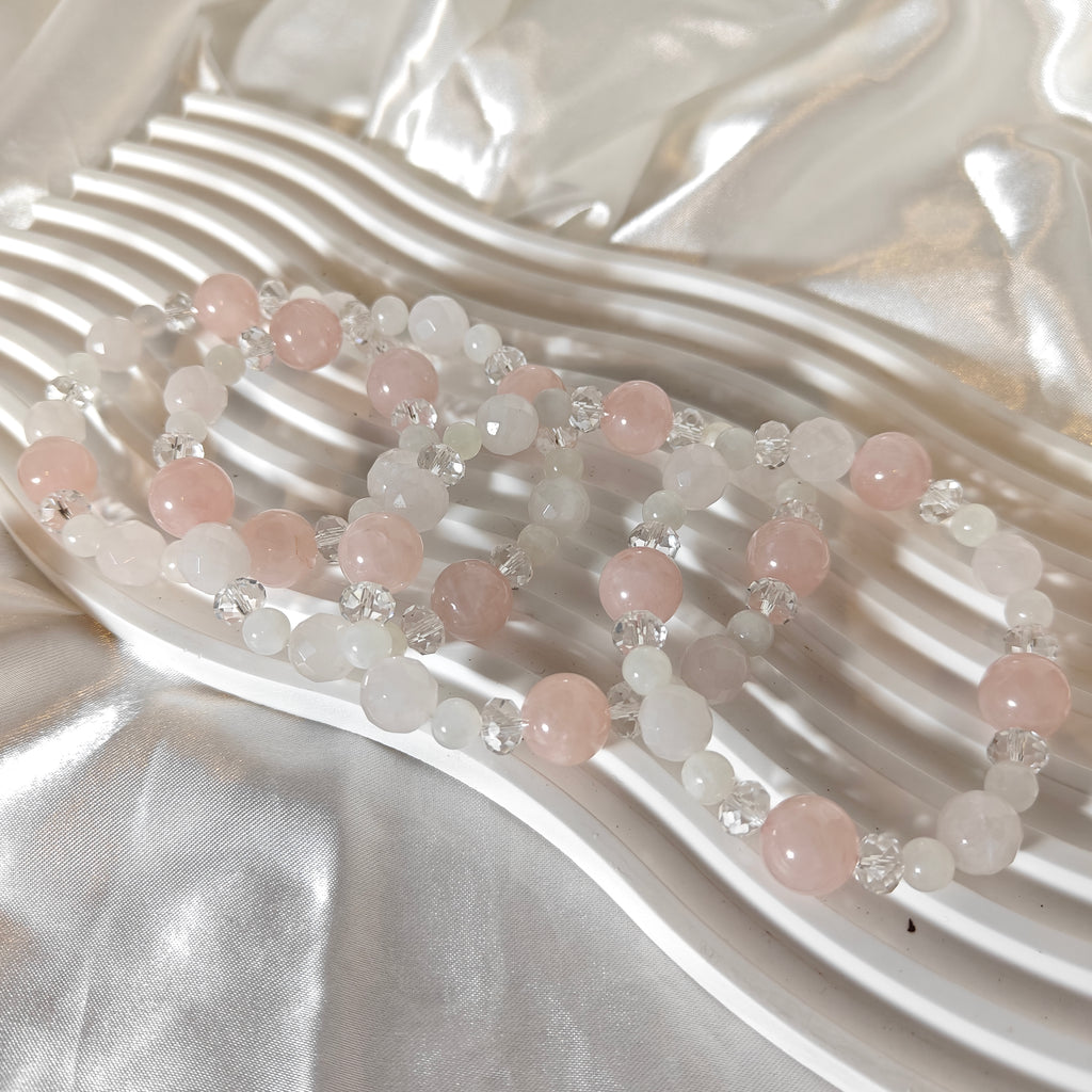 Rose Quartz & Clear Quartz Stretchy Bracelet — Diamond-Cut Shine, Soft Pink Elegance (16 cm / 6.3 in)