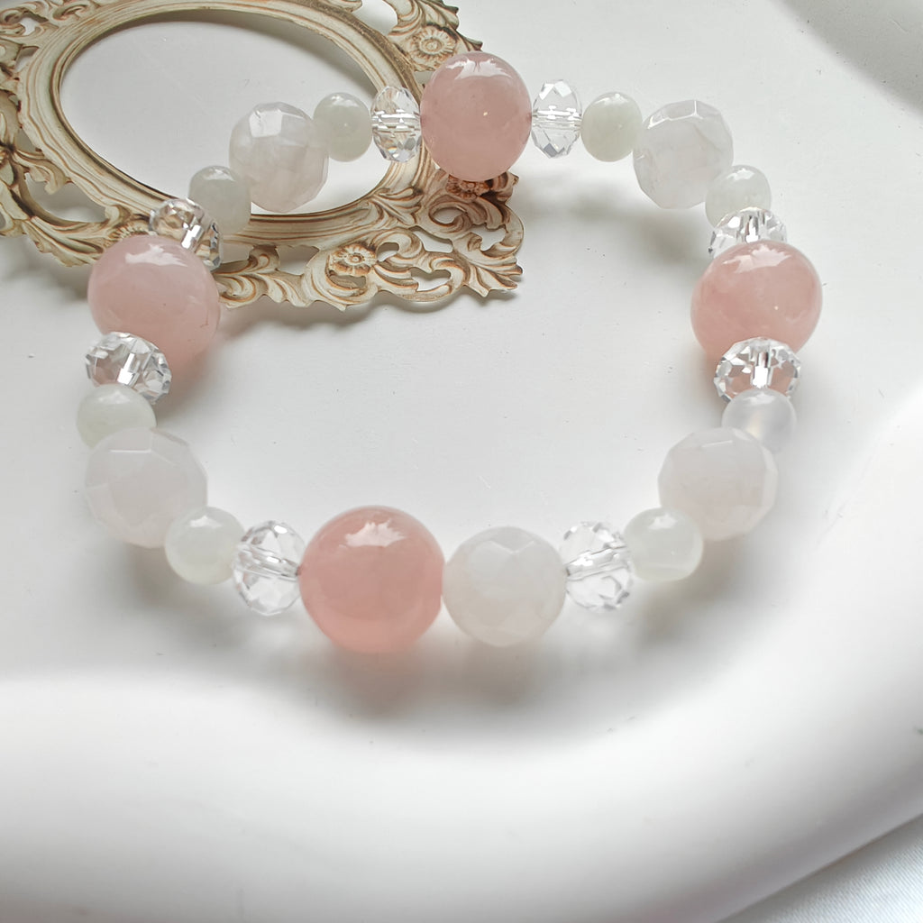 Rose Quartz & Clear Quartz Stretchy Bracelet — Diamond-Cut Shine, Soft Pink Elegance (16 cm / 6.3 in)