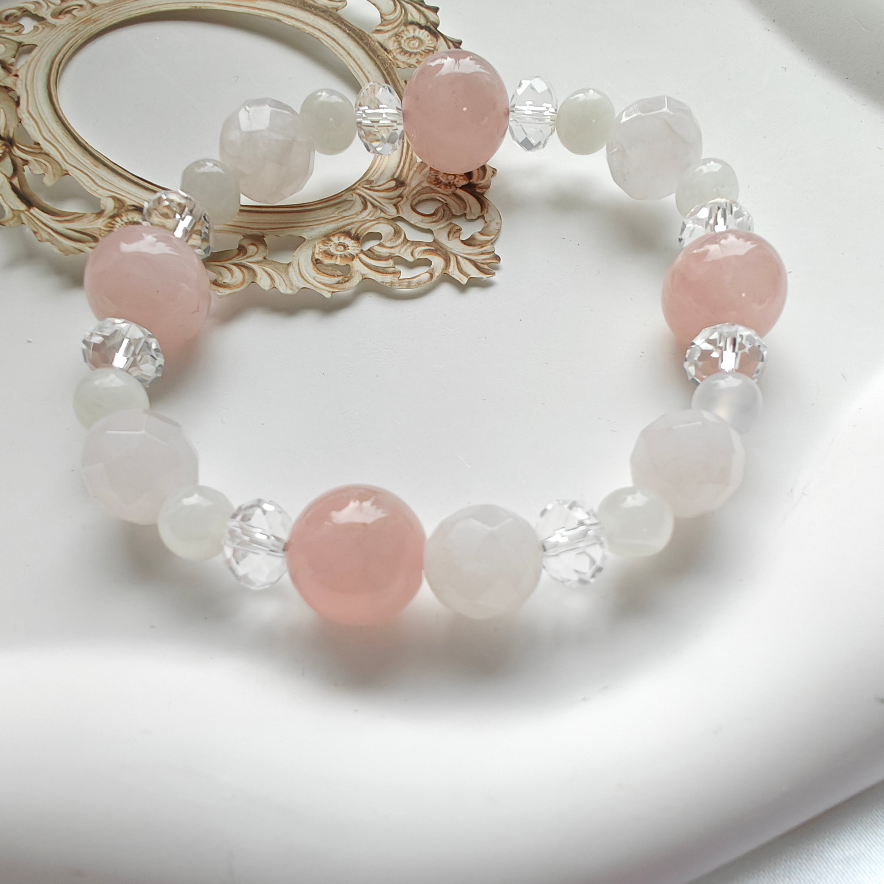 Rose Quartz & Clear Quartz Stretchy Bracelet — Diamond-Cut Shine, Soft Pink Elegance (16 cm / 6.3 in)