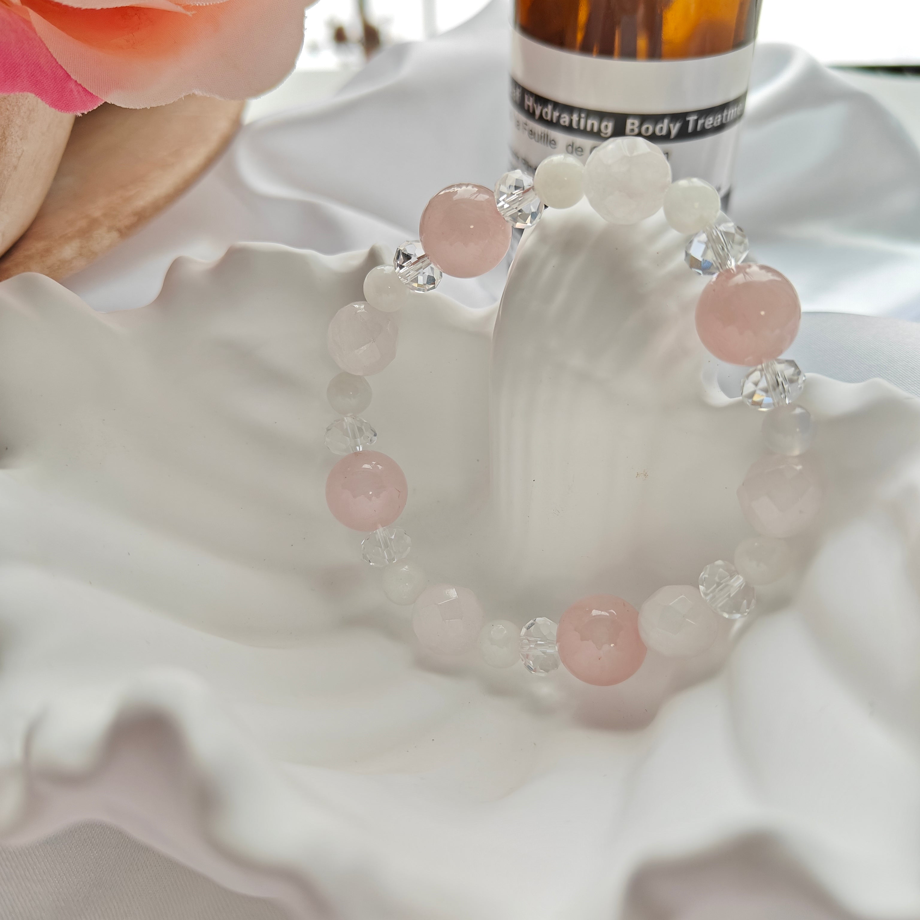 Rose Quartz & Clear Quartz Stretchy Bracelet — Diamond-Cut Shine, Soft Pink Elegance (16 cm / 6.3 in)