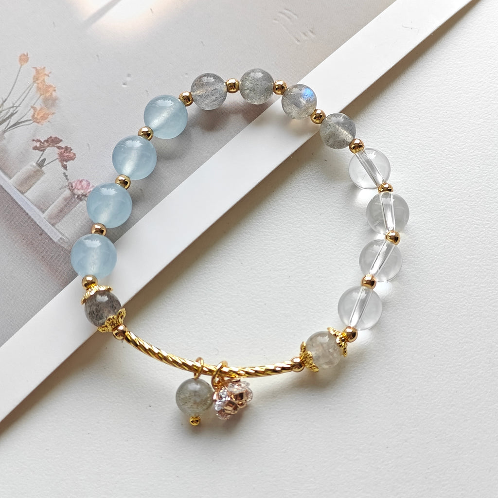 Stretchy Labradorite, Aquamarine & Clear Quartz Bracelet