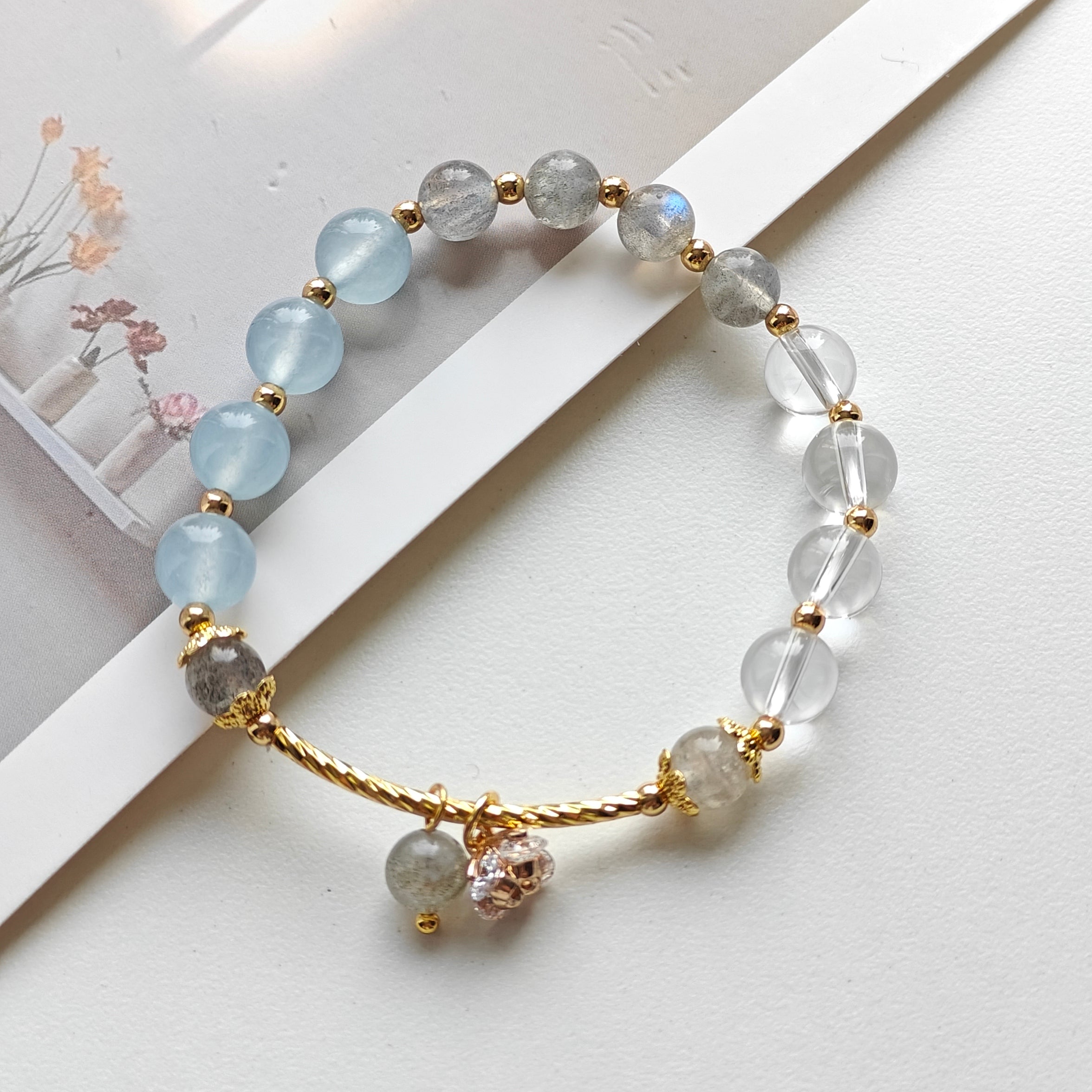 Stretchy Labradorite, Aquamarine & Clear Quartz Bracelet