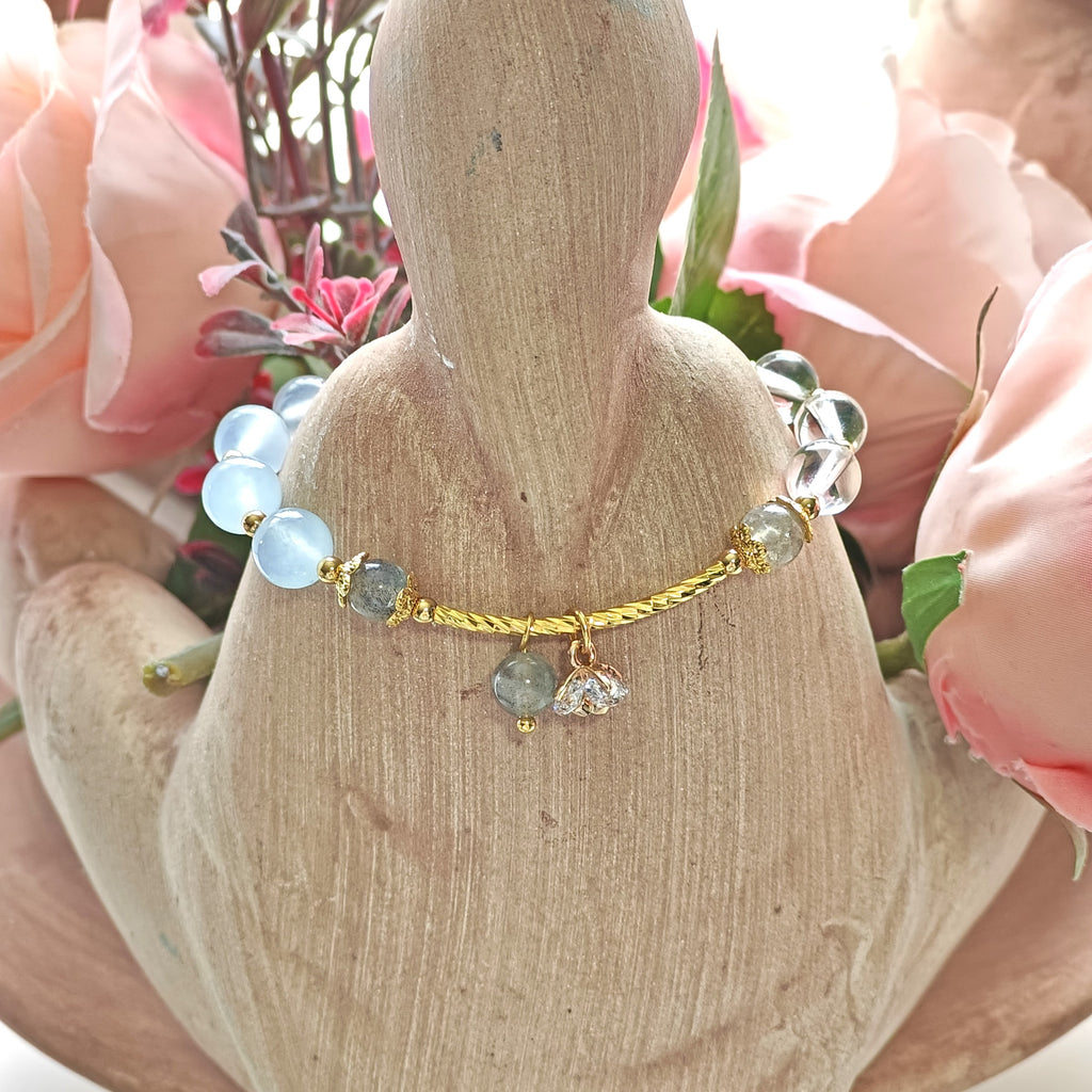 Stretchy Labradorite, Aquamarine & Clear Quartz Bracelet