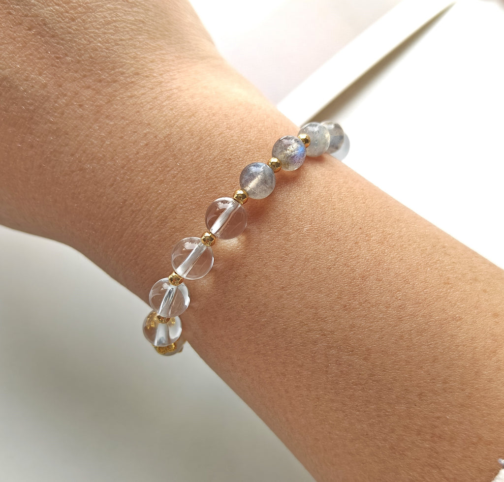 Stretchy Labradorite, Aquamarine & Clear Quartz Bracelet