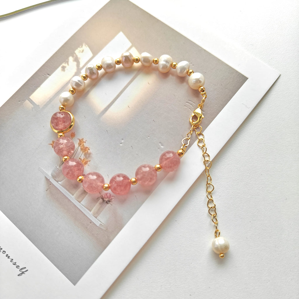 Adjustable Strawberry Quartz and Fresh Water Pearl Bracelet