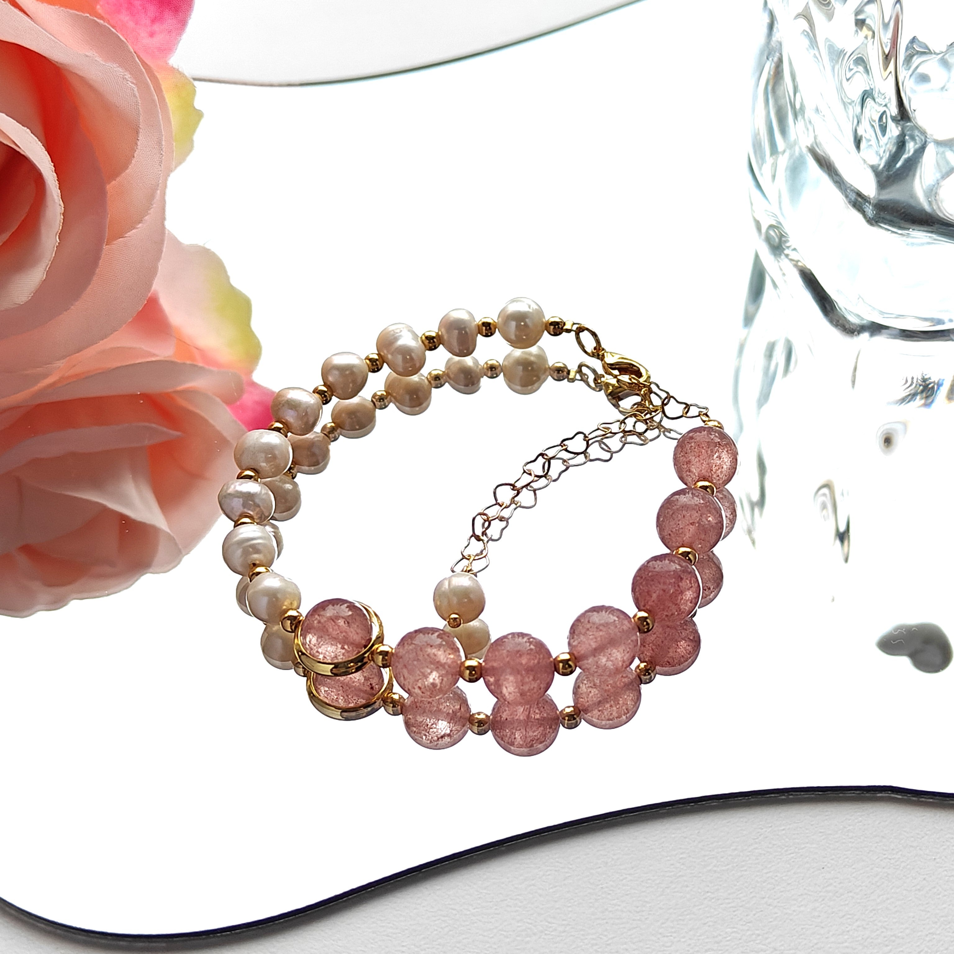 Adjustable Strawberry Quartz and Fresh Water Pearl Bracelet