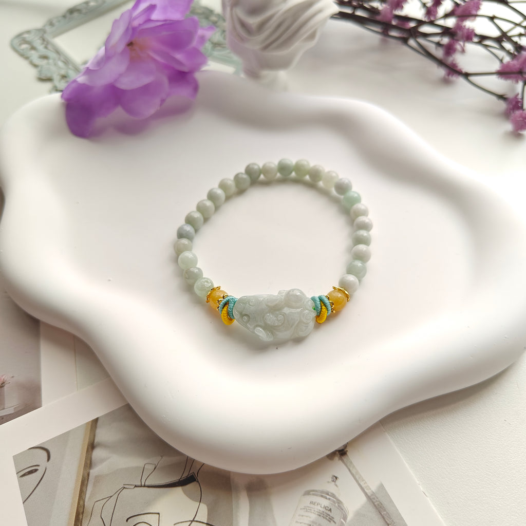 Burmese Jadeite Pixiu Bracelet | Natural Jade Stretch Bracelet | Wealth & Prosperity Jewelry