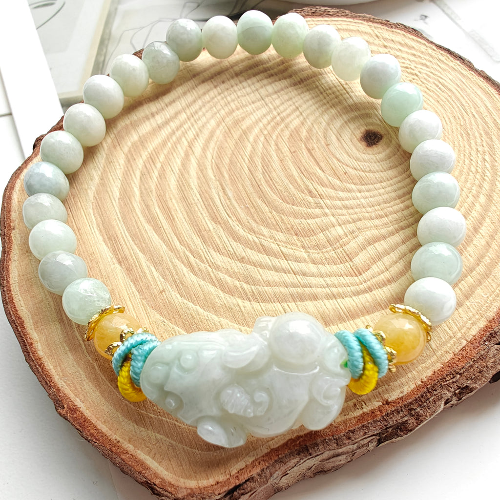 Burmese Jadeite Pixiu Bracelet | Natural Jade Stretch Bracelet | Wealth & Prosperity Jewelry