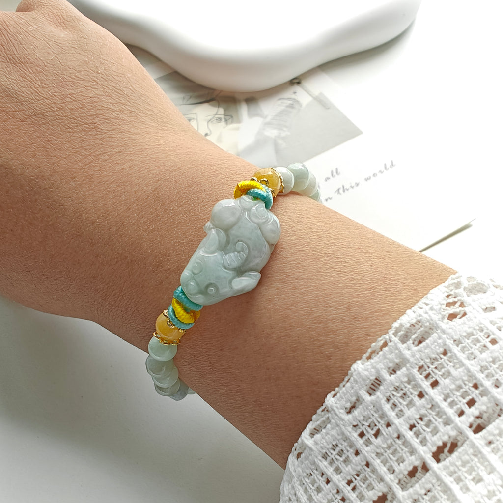 Burmese Jadeite Pixiu Bracelet | Natural Jade Stretch Bracelet | Wealth & Prosperity Jewelry