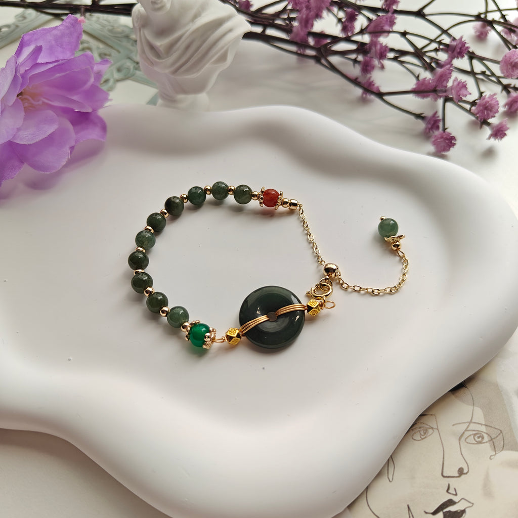 Guatemalan Jadeite Beaded Bracelet with Donut Charm – Adjustable Slider Bracelet