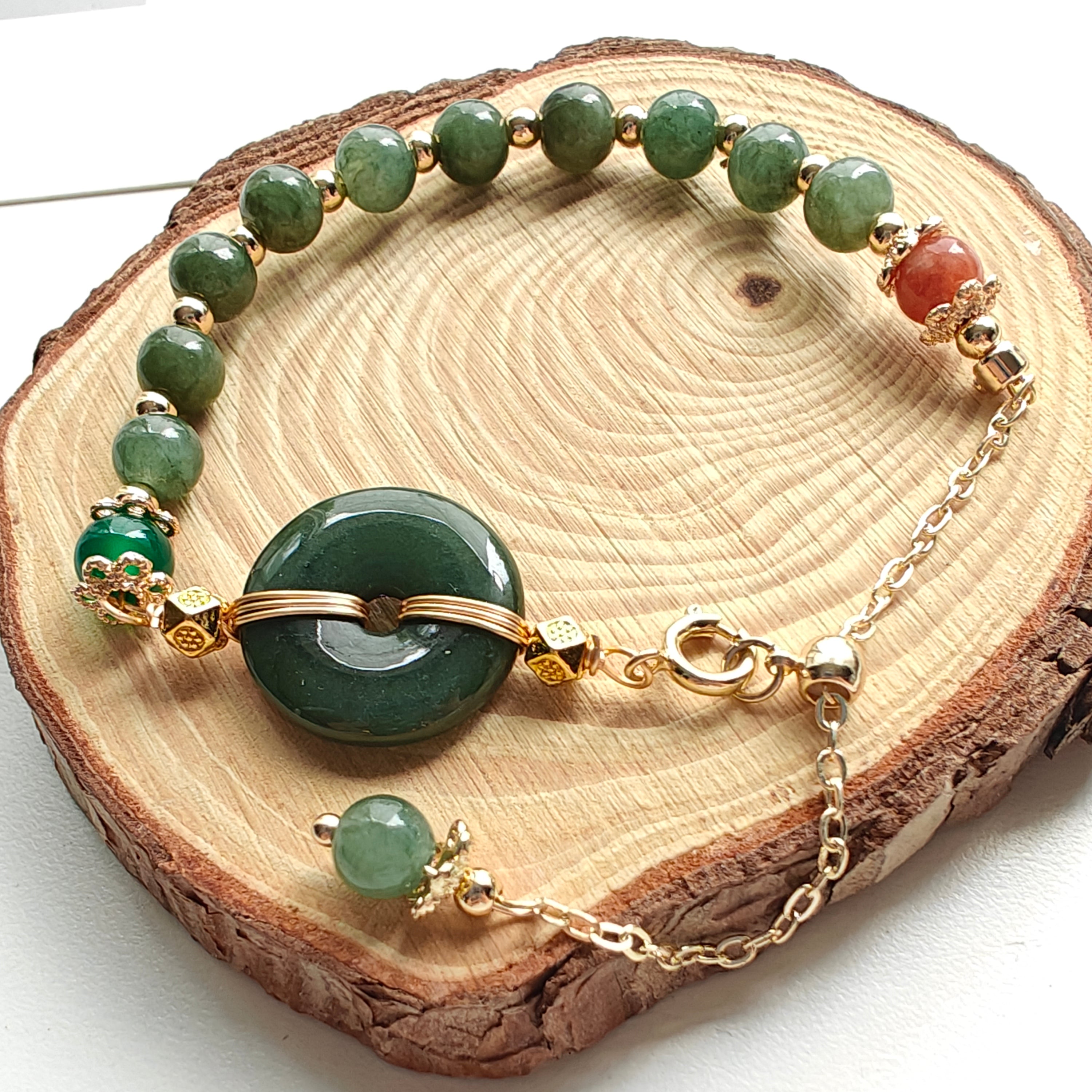 Guatemalan Jadeite Beaded Bracelet with Donut Charm – Adjustable Slider Bracelet