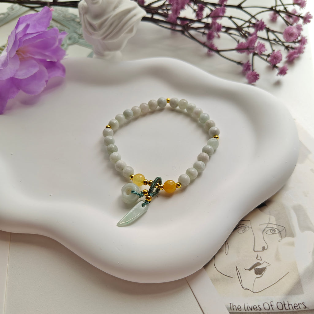 Burmese Jadeite Bracelet | Natural Jade Stretch Bracelet with Hand-Carved Jade Pendants | 14K Gold Plated Accents