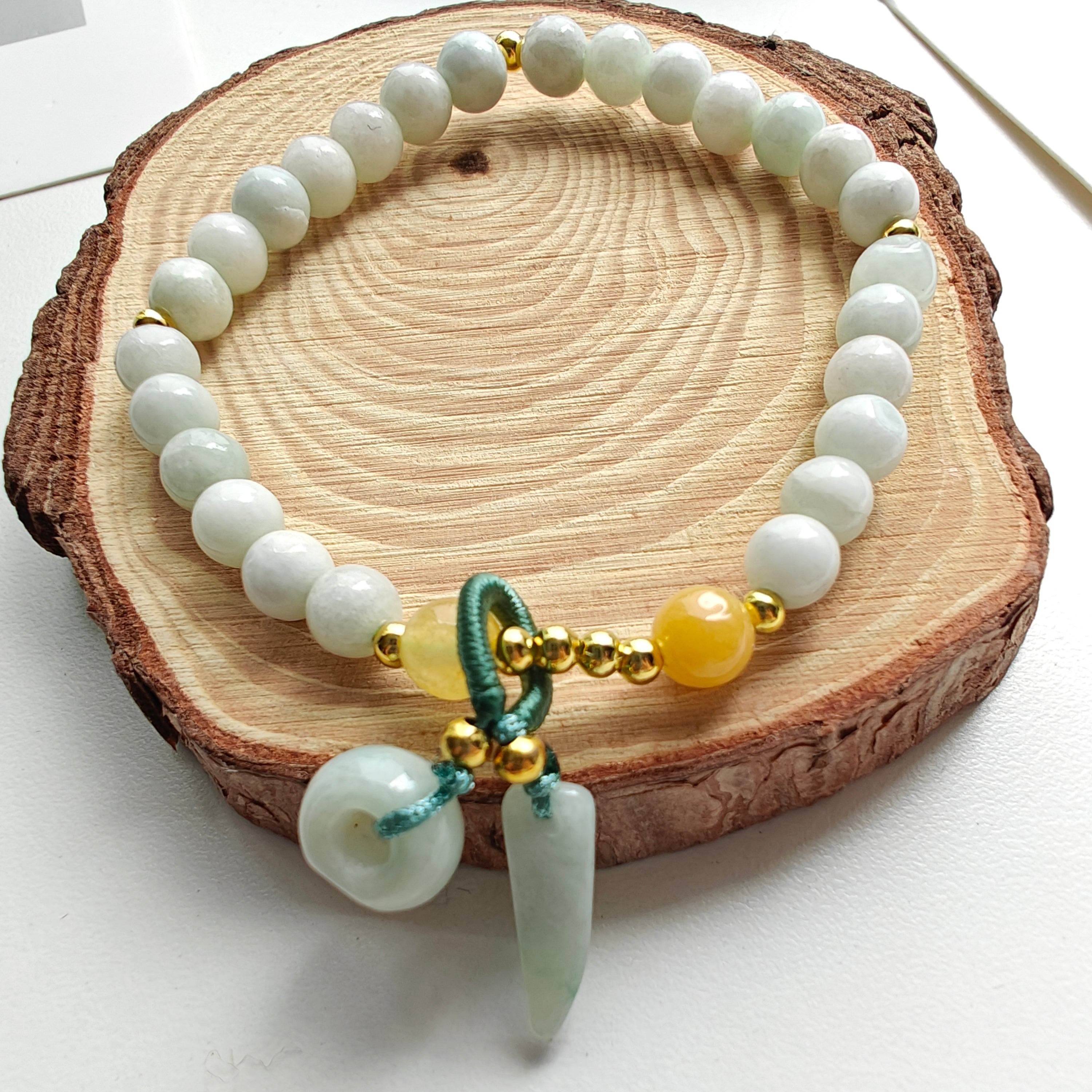 Burmese Jadeite Bracelet | Natural Jade Stretch Bracelet with Hand-Carved Jade Pendants | 14K Gold Plated Accents