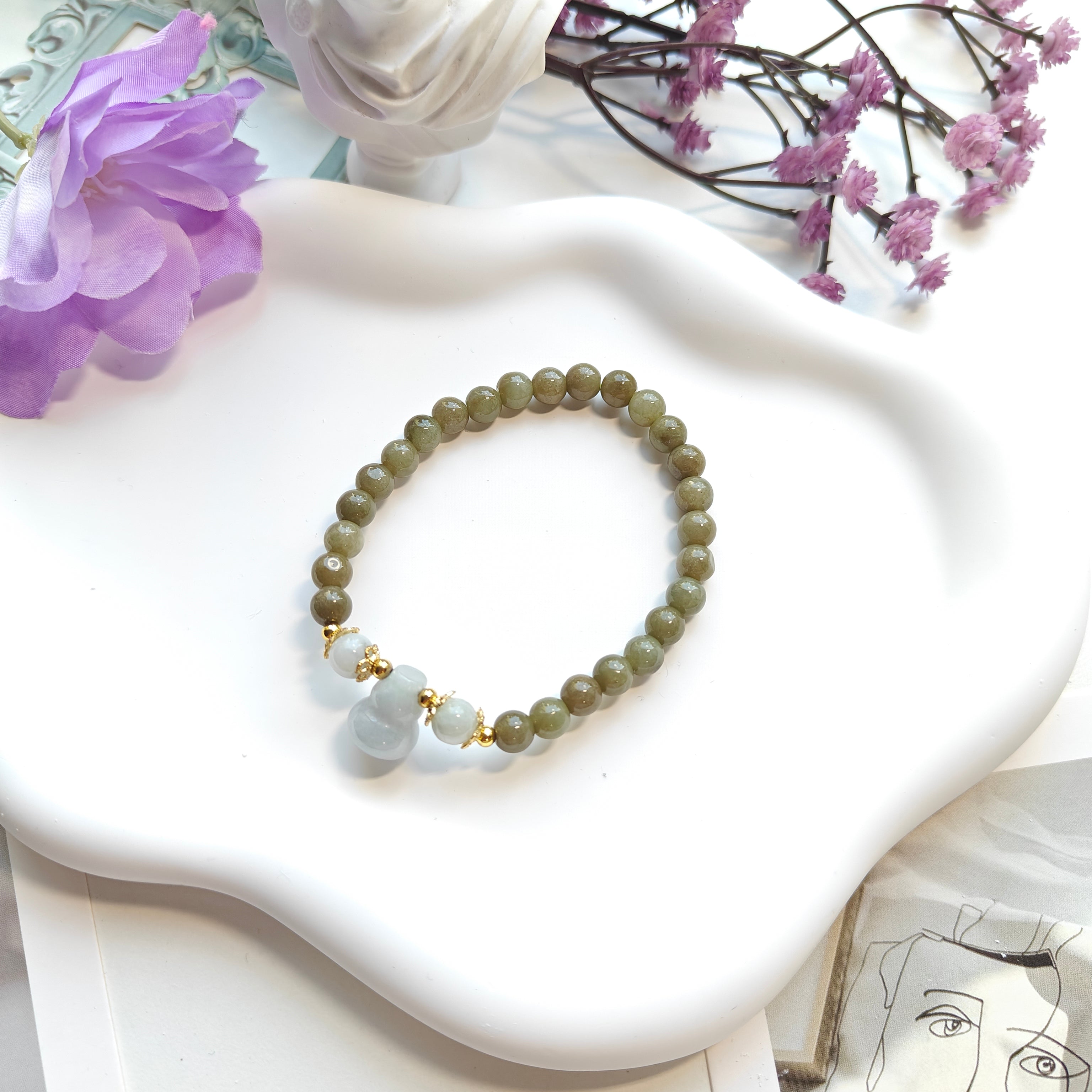 Burmese Jadeite Hulu Bracelet | Natural Jade Stretch Bracelet | 5.9mm Beads Lucky Gourd Charm Jewelry