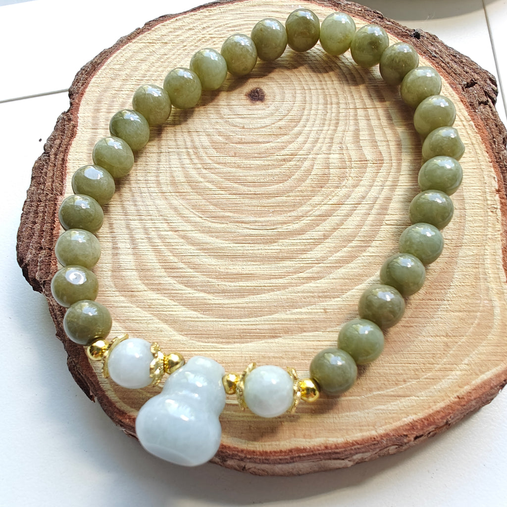 Burmese Jadeite Hulu Bracelet | Natural Jade Stretch Bracelet | 5.9mm Beads Lucky Gourd Charm Jewelry